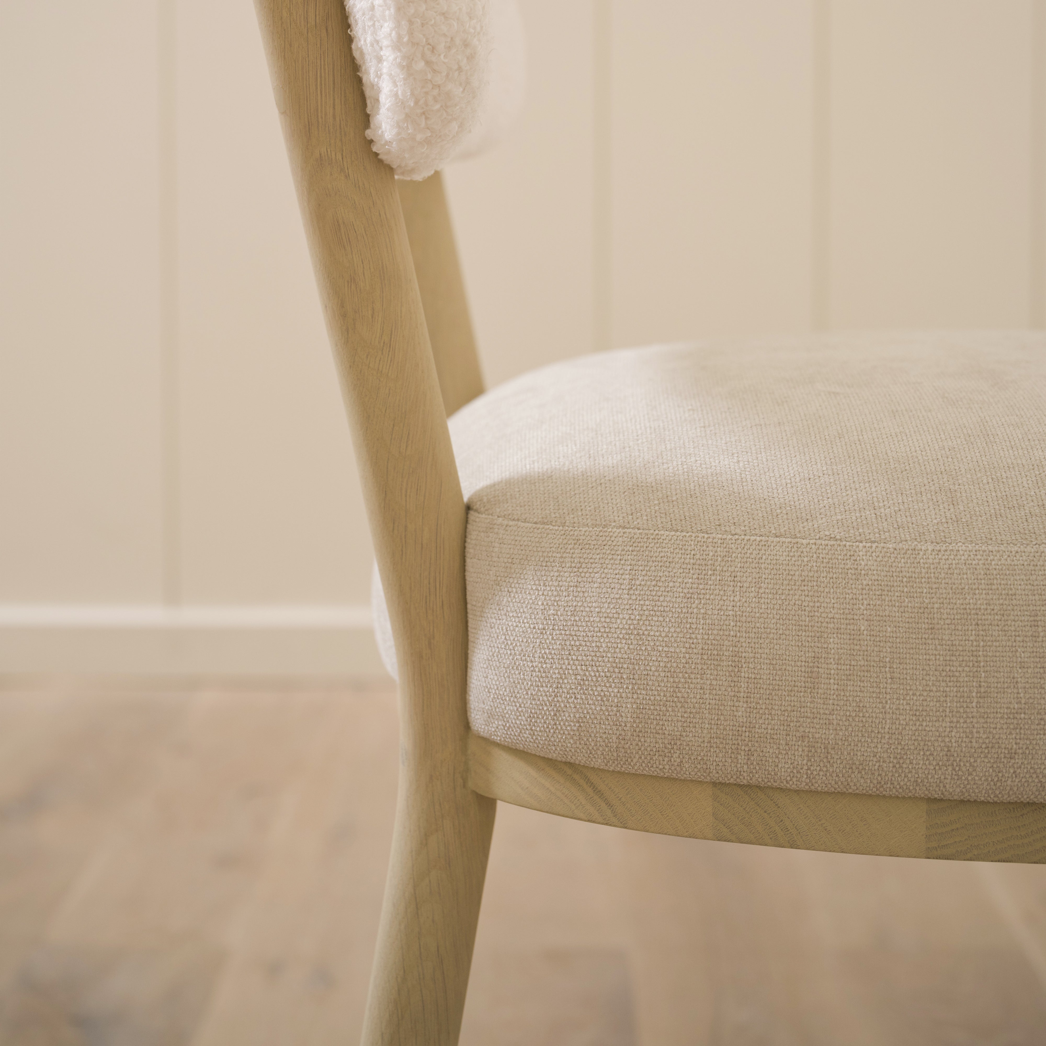 As Shown: 19"L x 21"D x 33"H | Style: Upholstered | Fabric: Peak White Back Marion Natural Seat | Finish: Sand