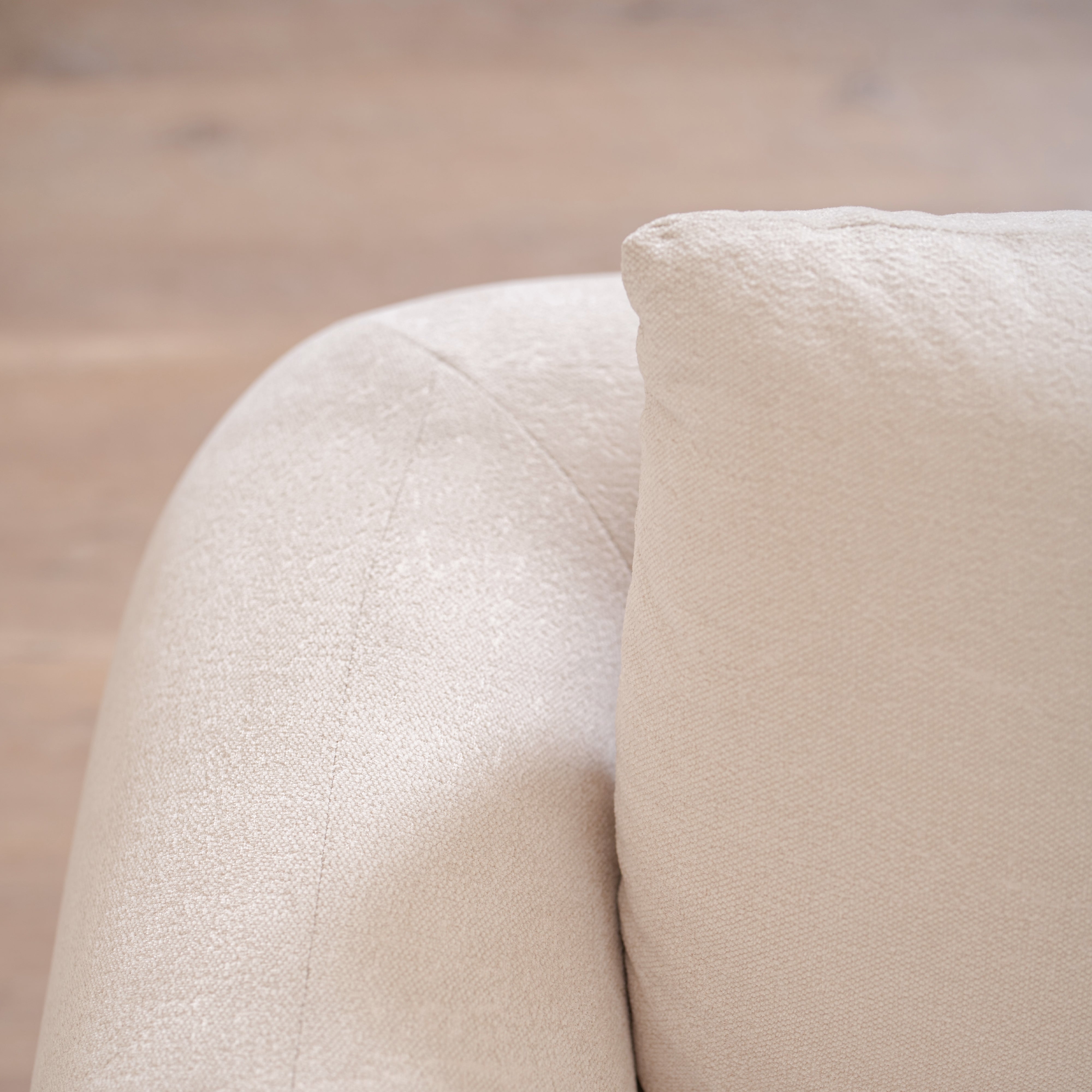 As Shown in Upholstered Barney Stone, Oak Round Legs finished in Cashmere Brown (Discontinued Finish)