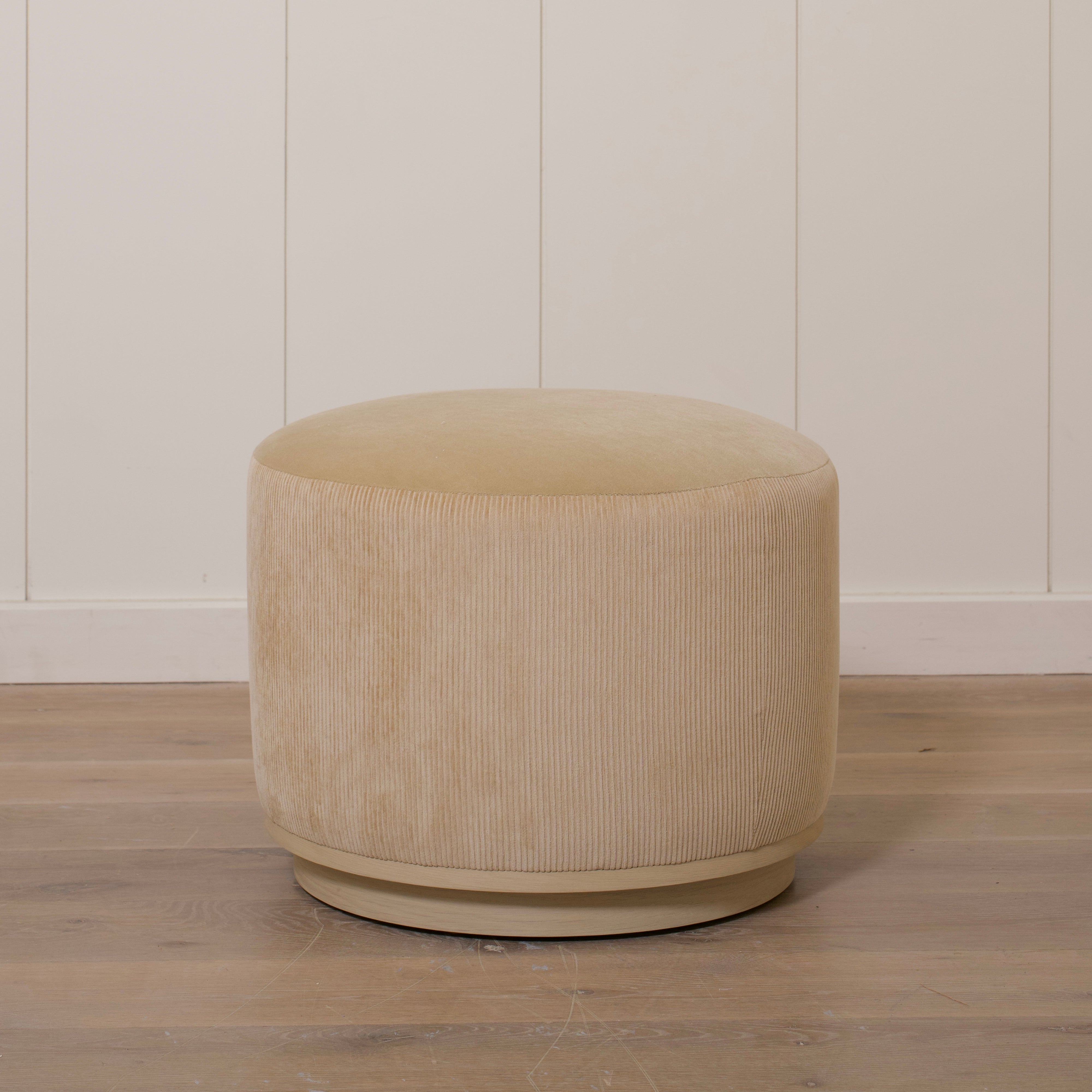 As Shown: 22"Dia x 17"H | Fabric: Mila Cashew side, Sky Hemp top | Material: Solid & Engineered Oak | Finish: Sand
