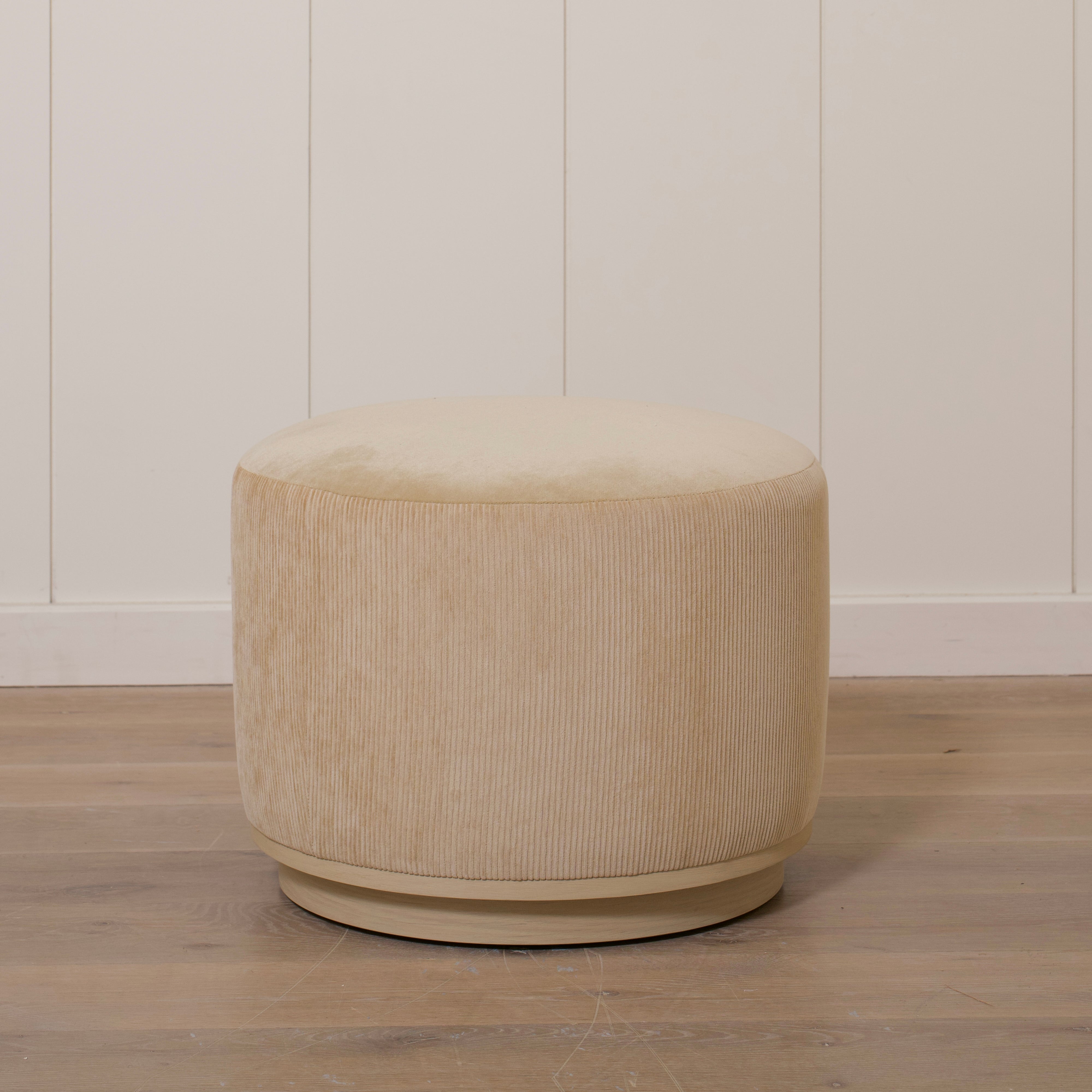 As Shown: 22"Dia x 17"H | Fabric: Mila Cashew side, Sky Hemp top | Material: Solid & Engineered Oak | Finish: Sand