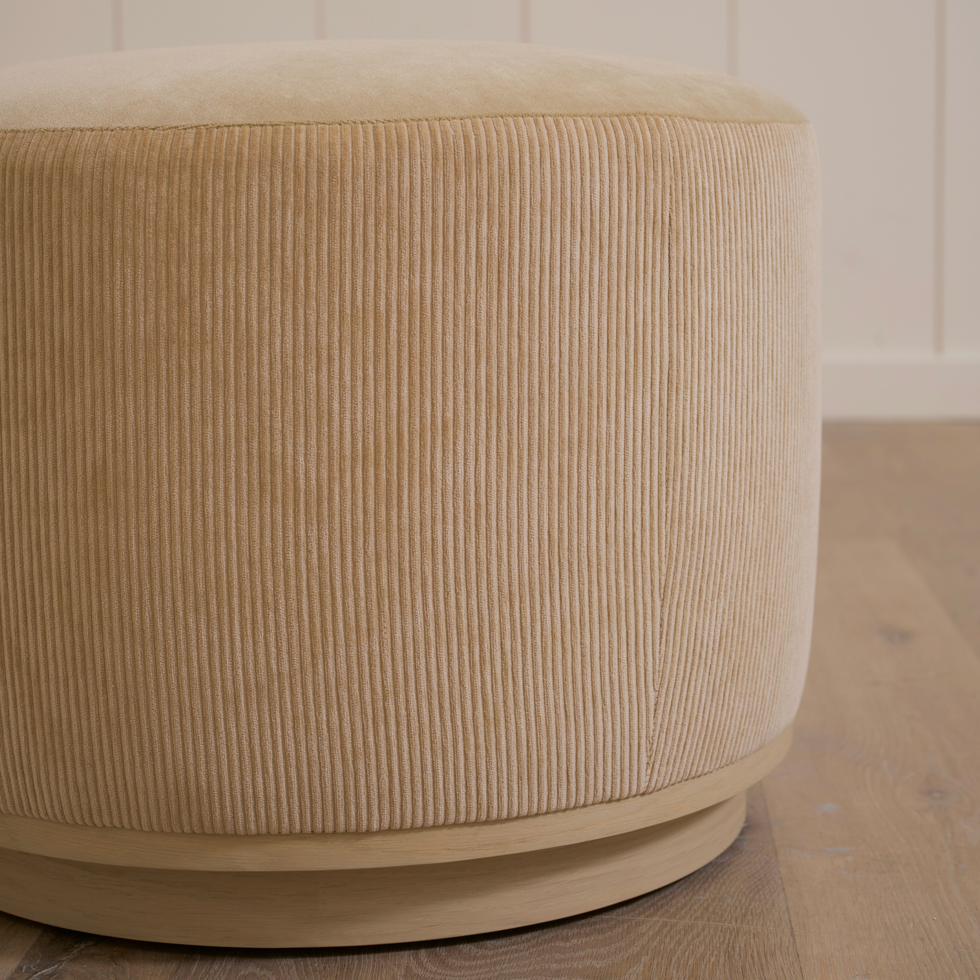 As Shown: 22"Dia x 17"H | Fabric: Mila Cashew side, Sky Hemp top | Material: Solid & Engineered Oak | Finish: Sand