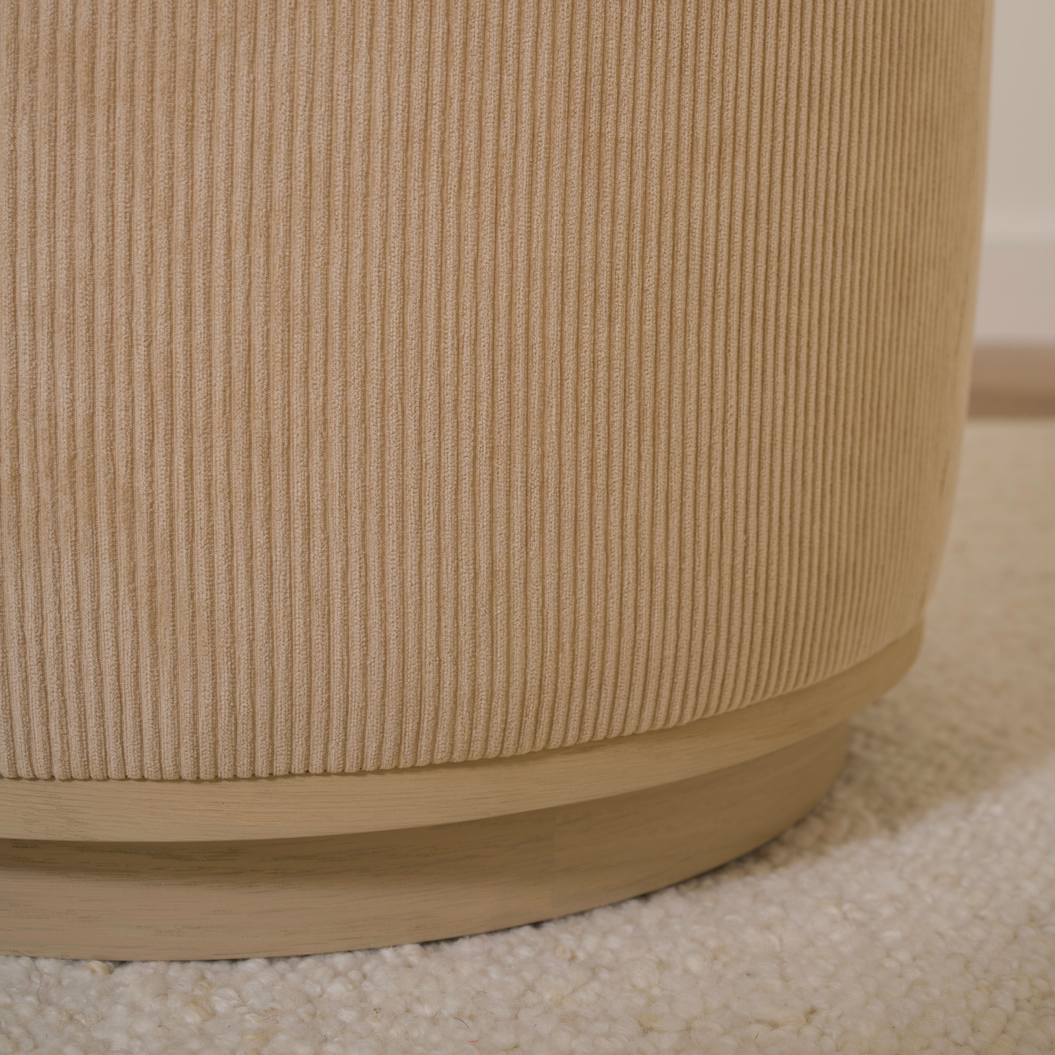 As Shown: 22"Dia x 17"H | Fabric: Mila Cashew side, Sky Hemp top | Material: Solid & Engineered Oak | Finish: Sand