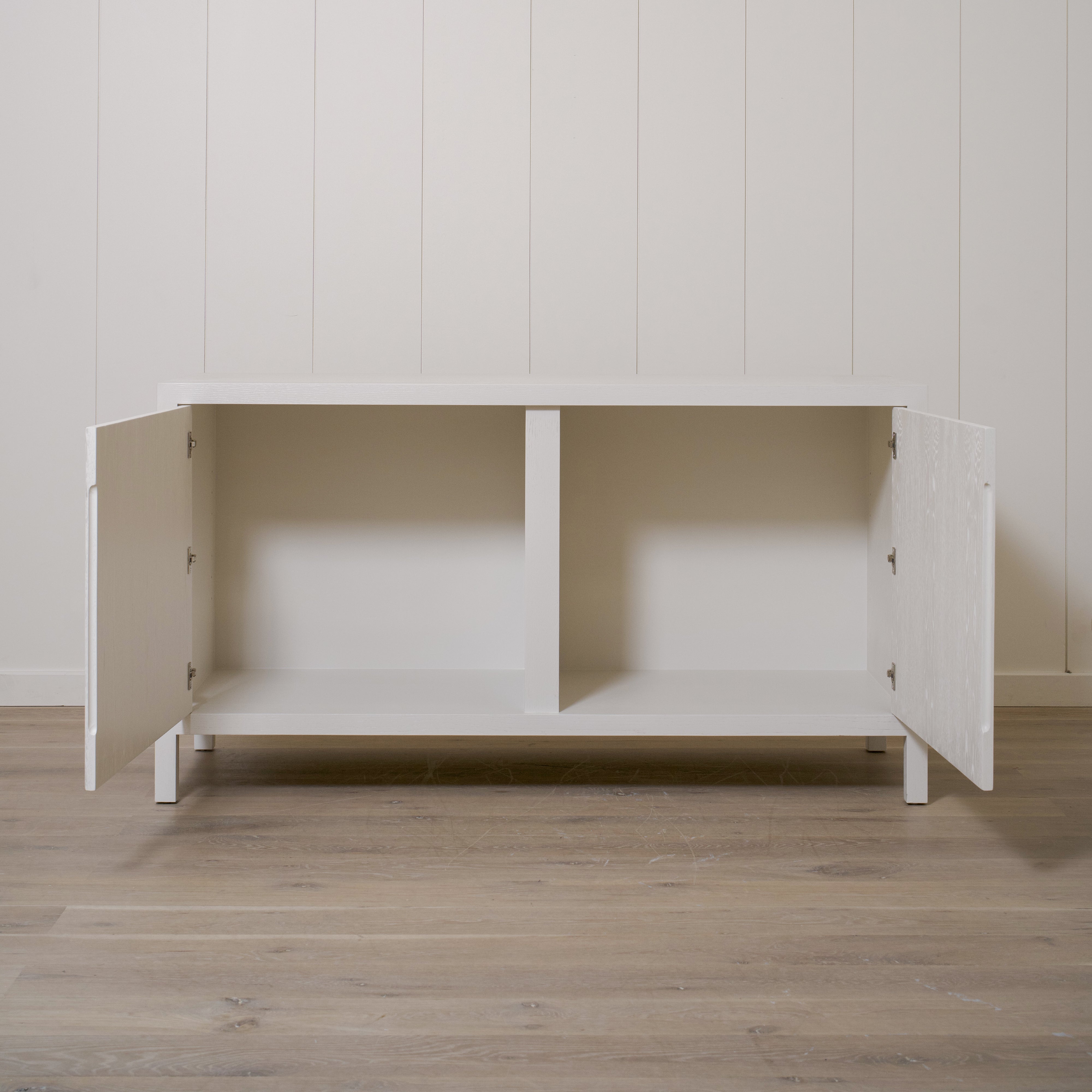 As Shown: 66"W x 24"D x 36"H | Material: Solid and Engineered Oak | Finish: Wirebrushed Edgecomb Grey
