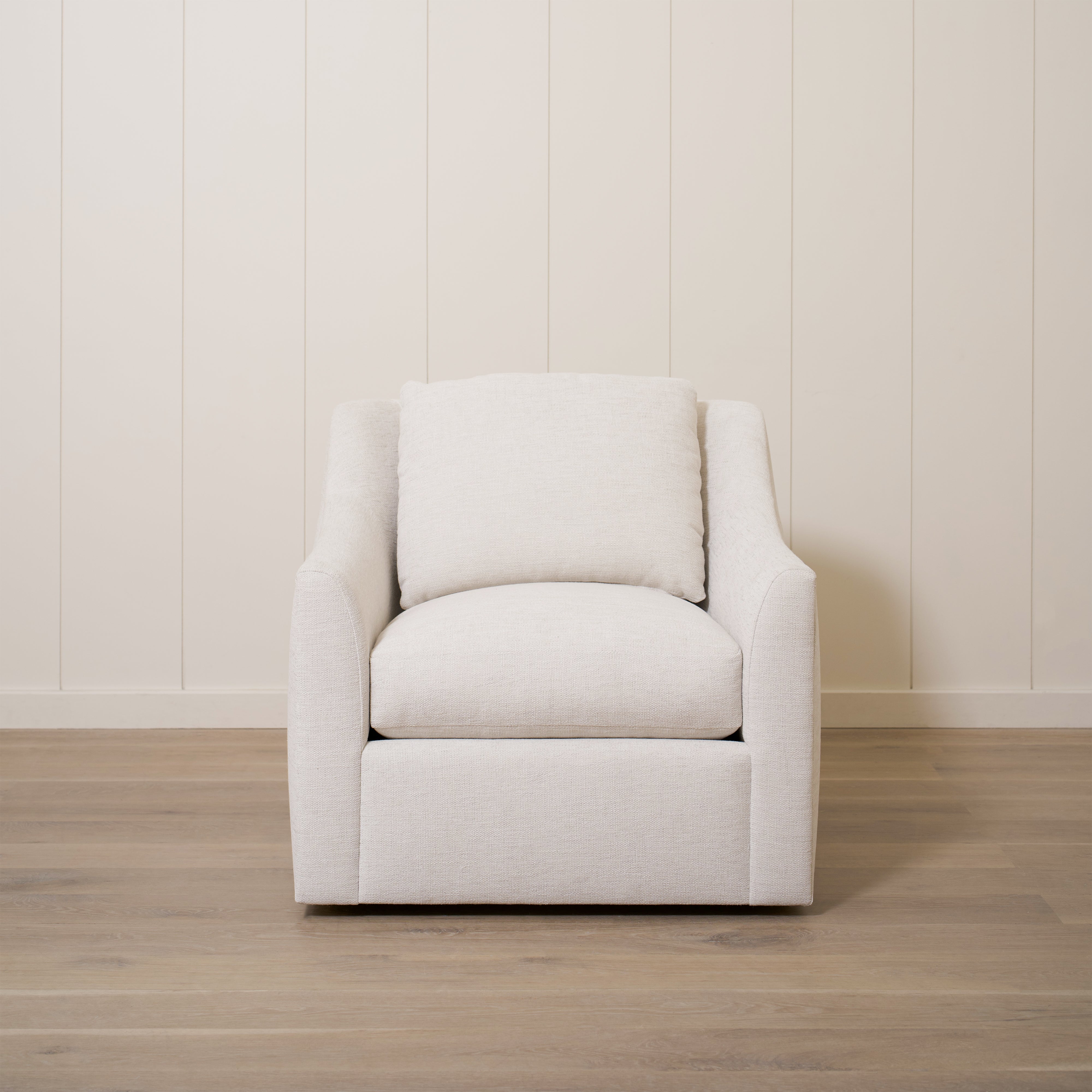 As Shown: 35"L x 39"D x 33"H | Style: Upholstered | Fabric: Rayna Frost | Base: Swivel | Finish: N/A