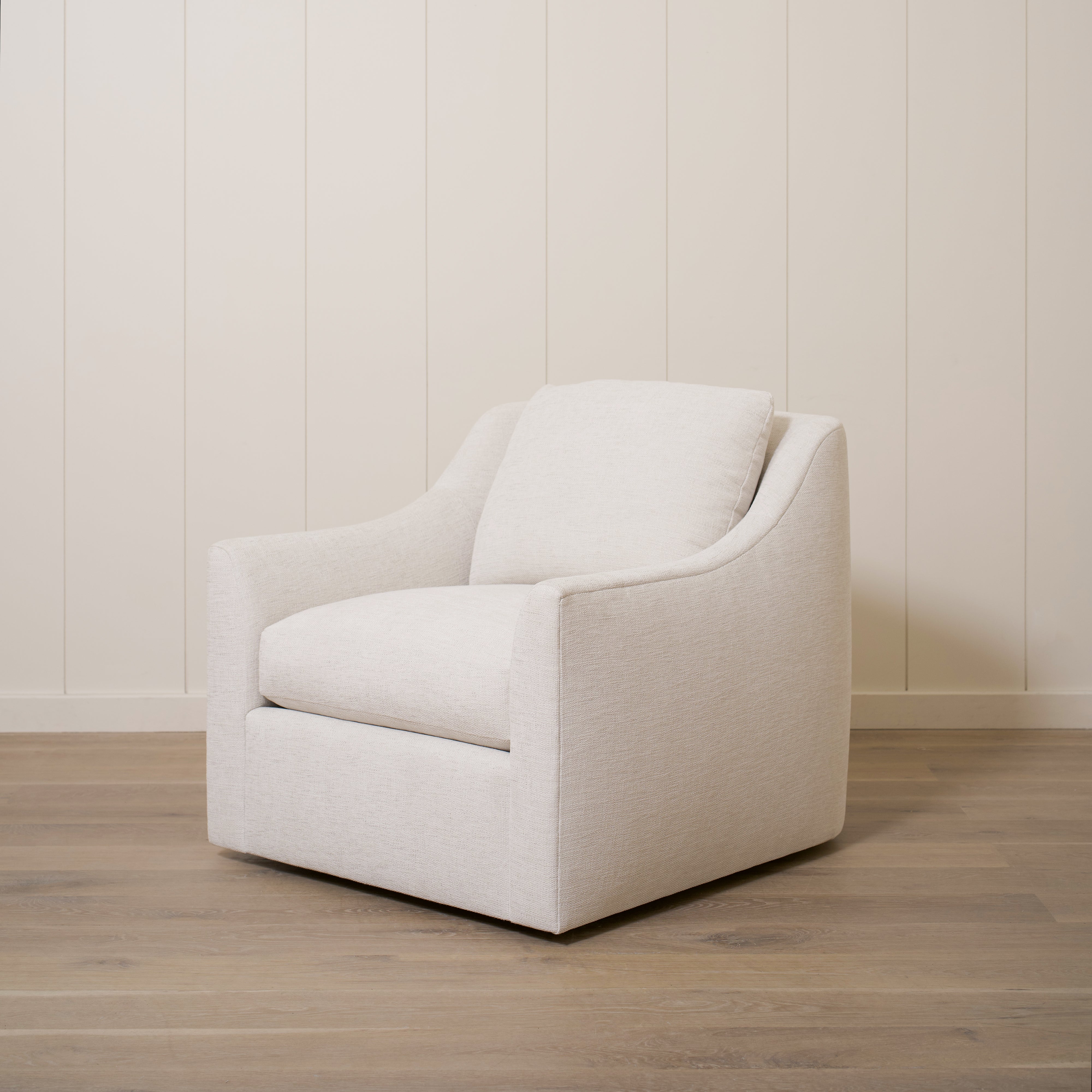 As Shown: 35"L x 39"D x 33"H | Style: Upholstered | Fabric: Rayna Frost | Base: Swivel | Finish: N/A