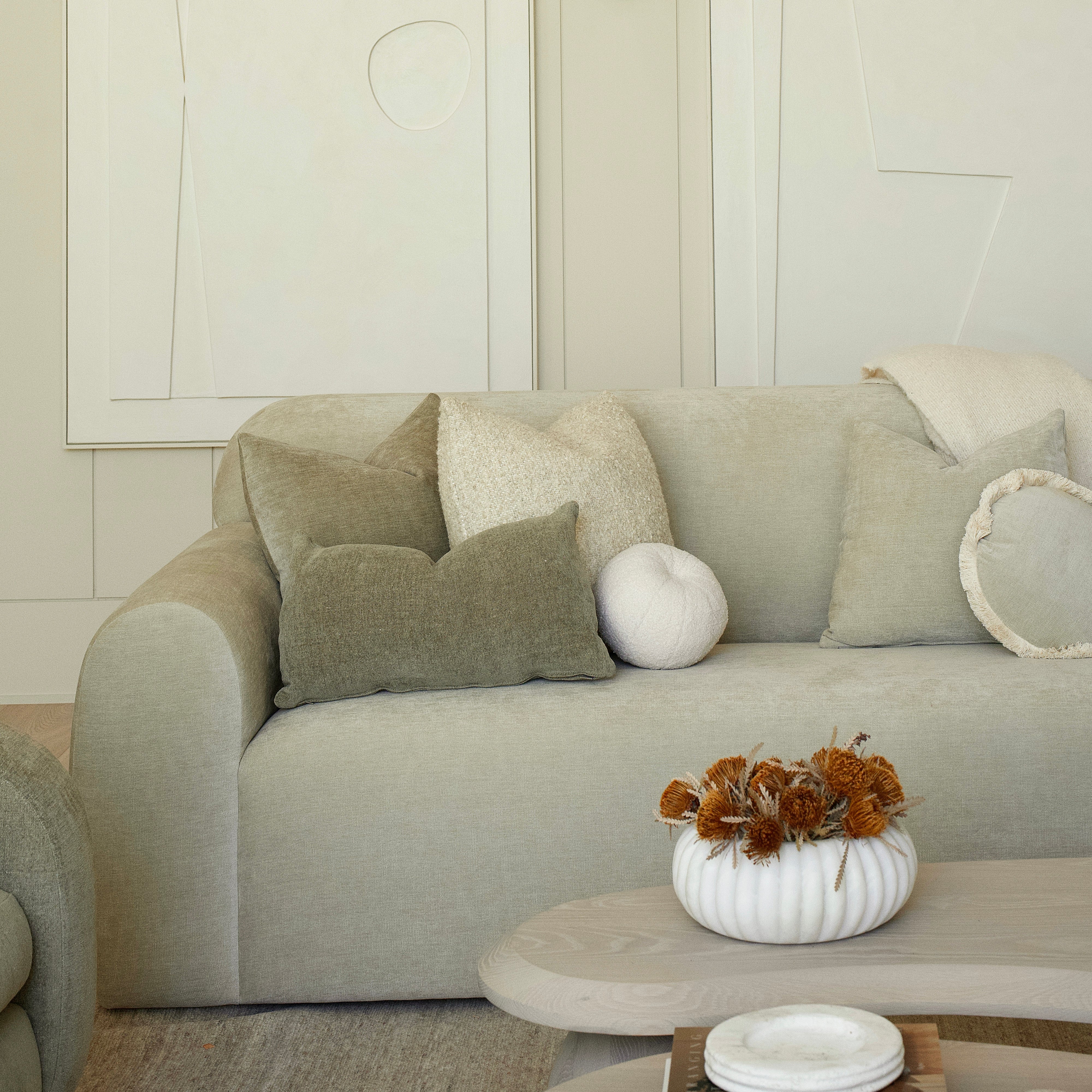 As Shown in 20x20 Canyon Sage, Berber Natural, 14x20 Bellamy Moss, Small Ball Peak White