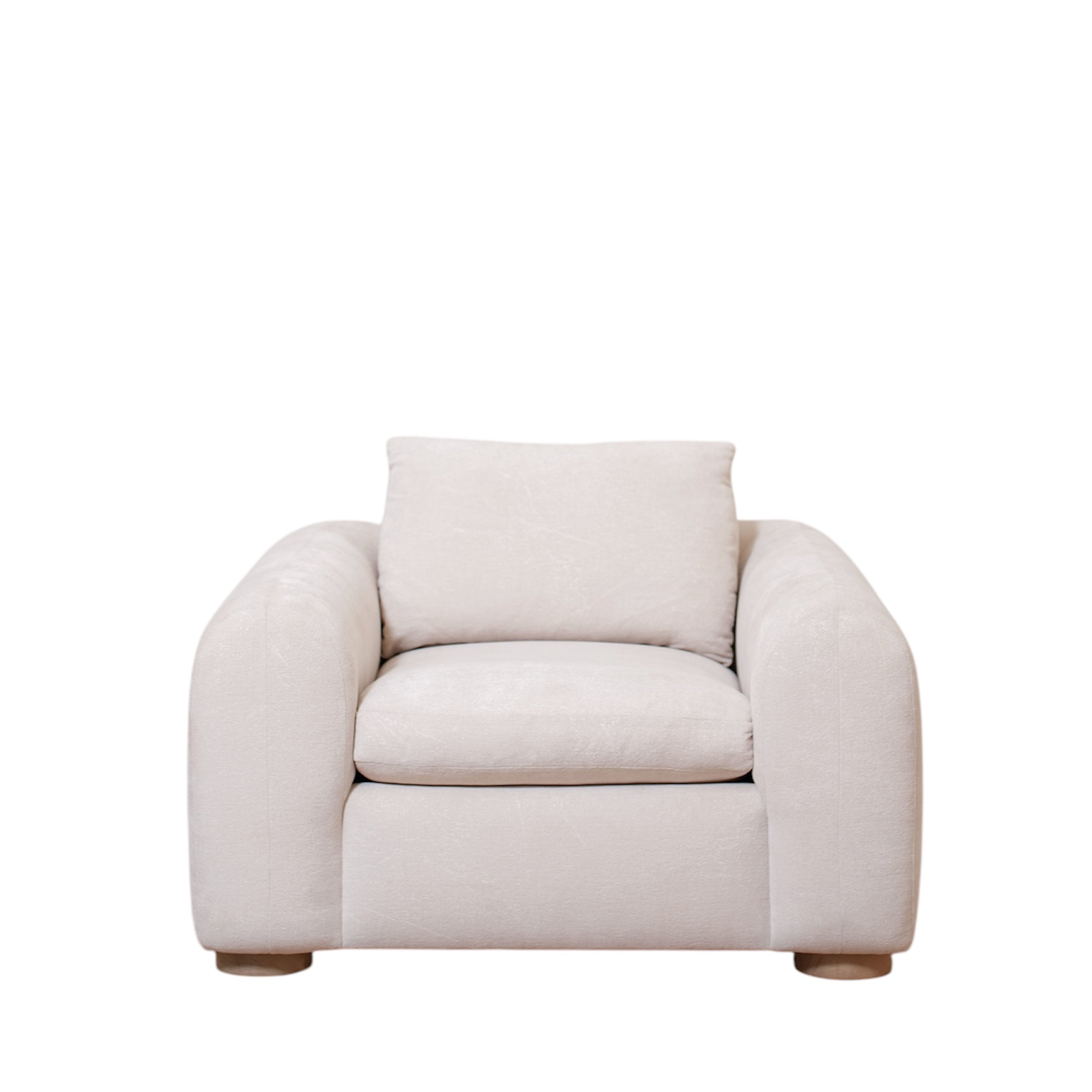 As Shown in Upholstered Barney Stone, Oak Round Legs finished in Cashmere Brown (Discontinued Finish)