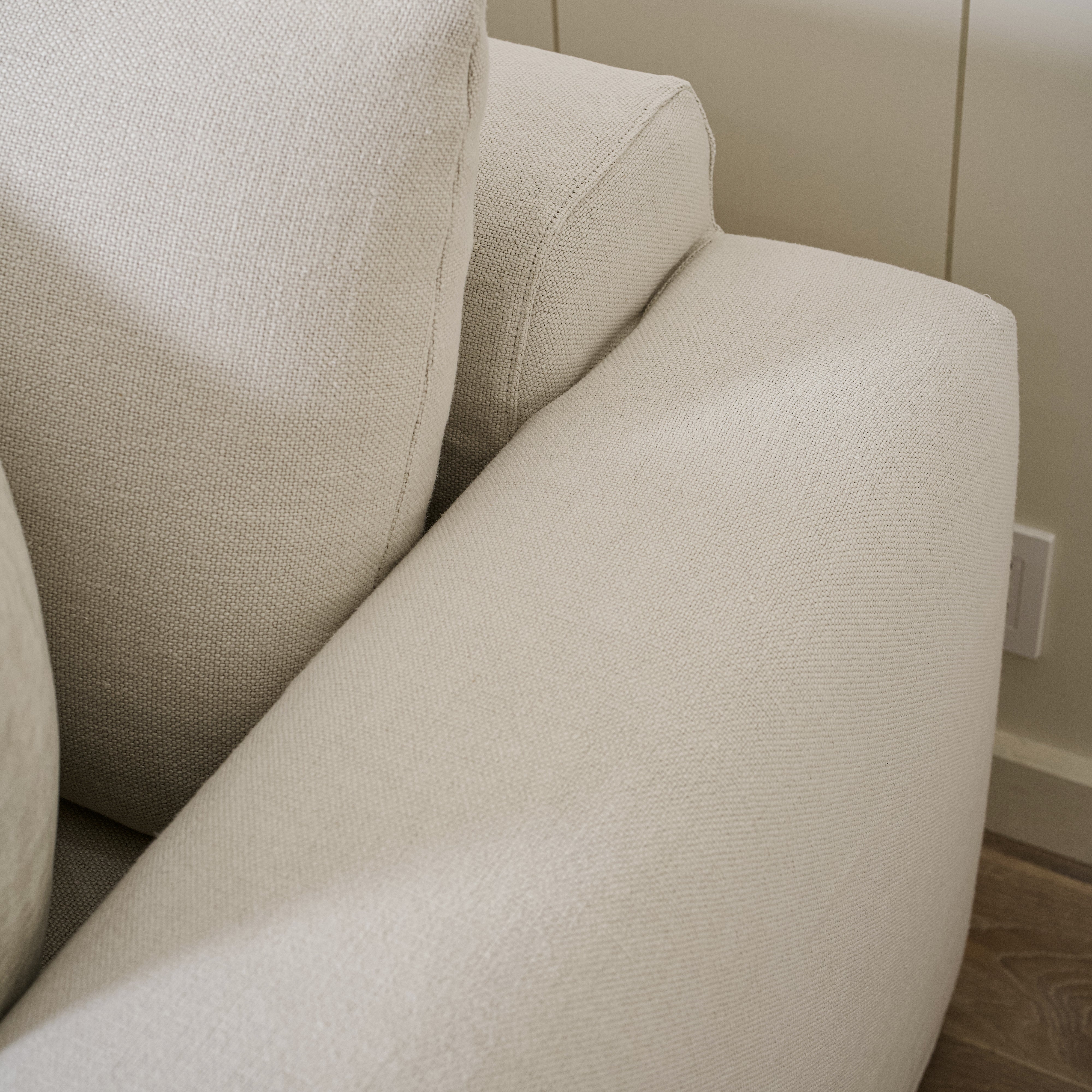 As Shown: Two Back Cushions Configuration, Slipcovered Frame Natural