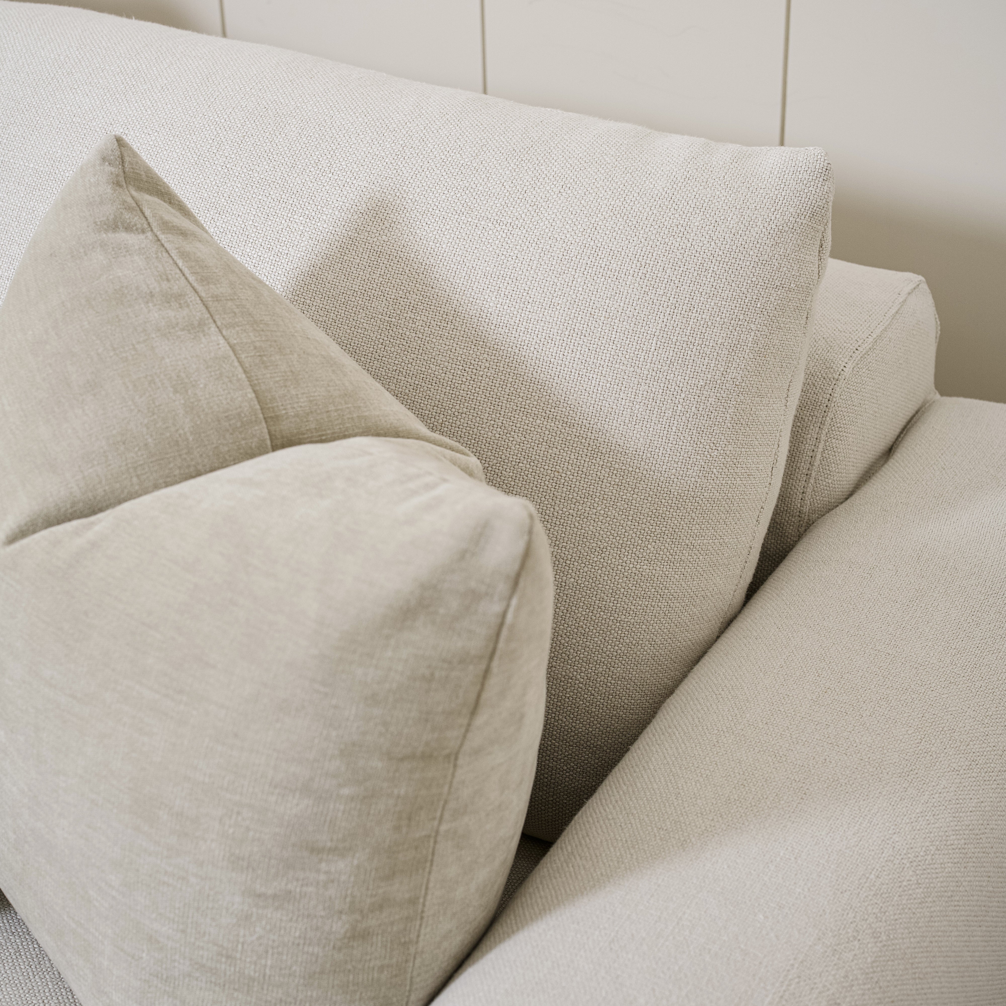 As Shown: Two Back Cushions Configuration, Slipcovered Frame Natural