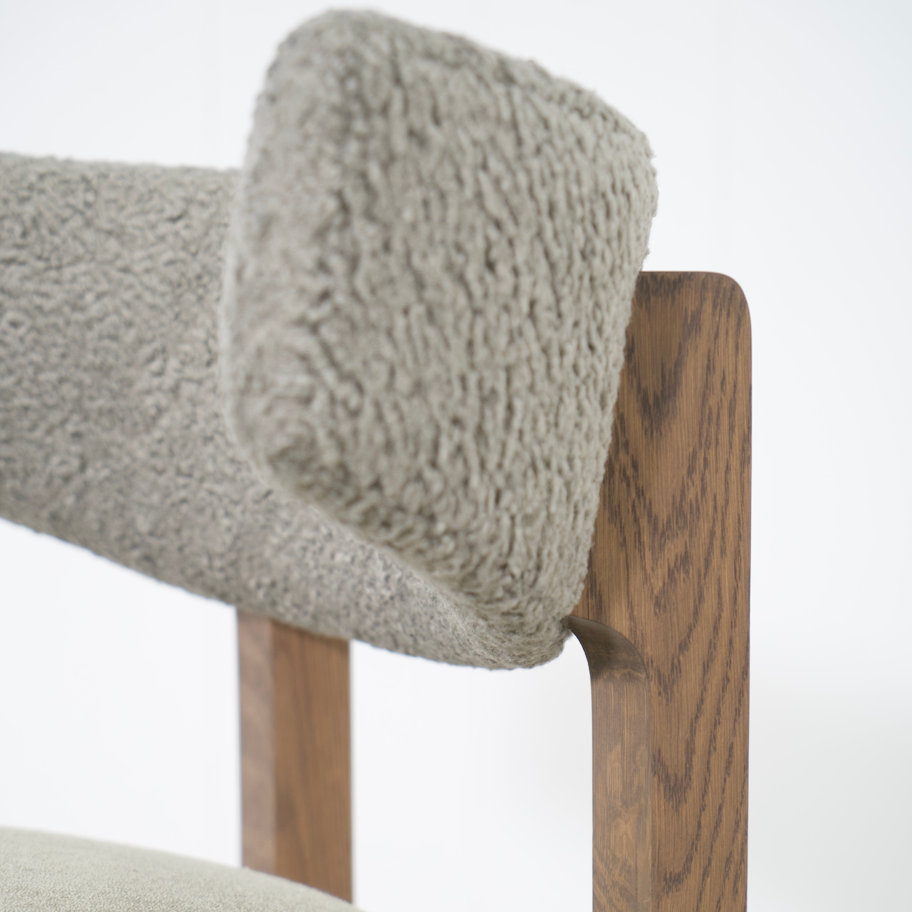 Sheepskin Olive back, Bellamy Moss seat. Cashmere Brown (Discontinued Finish) oak.