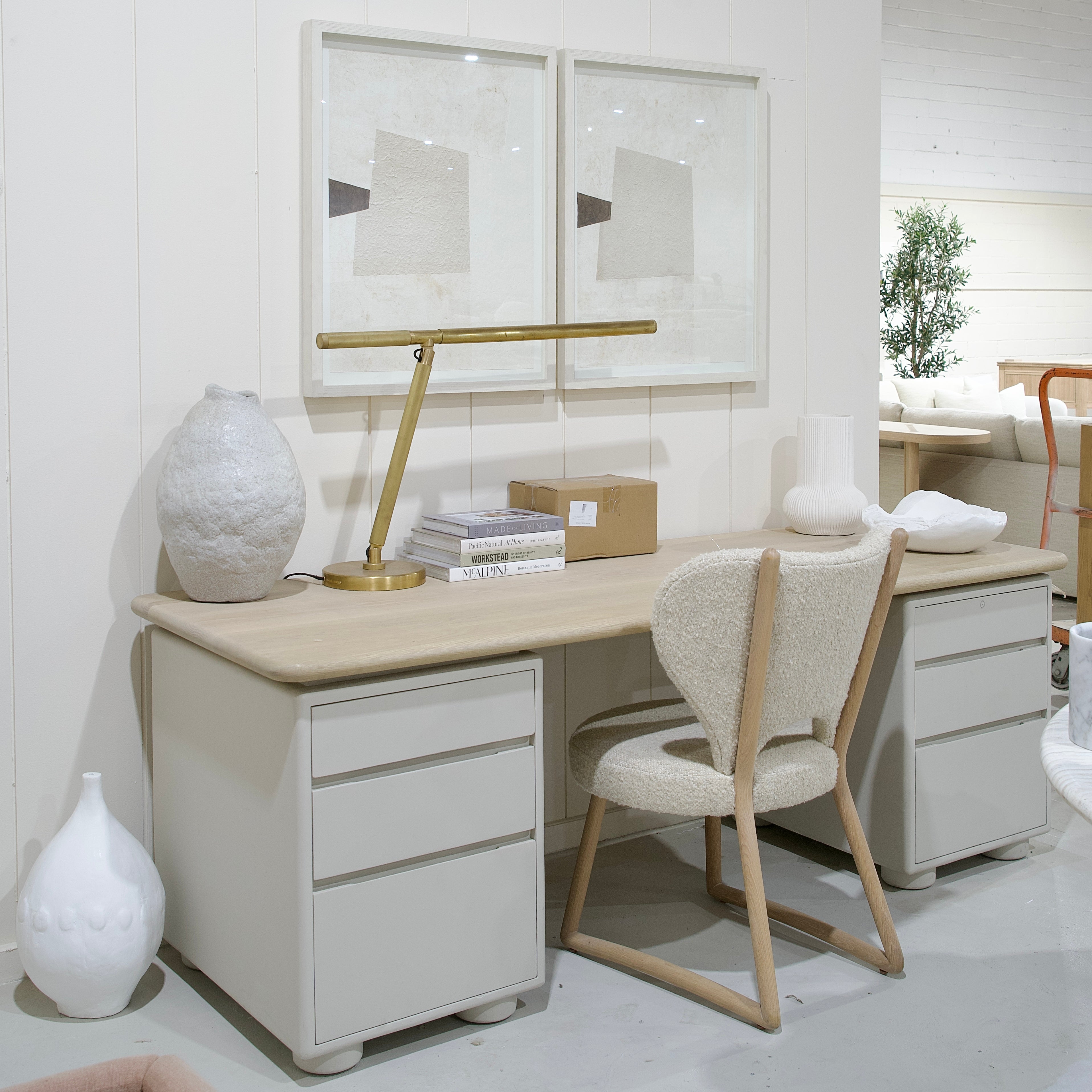 As Shown: 86"L x 31"D x 30"H | Material: Solid Oak & Limestone | Finish: Table Top: Sand, Base: Limestone painted Revere Pewter