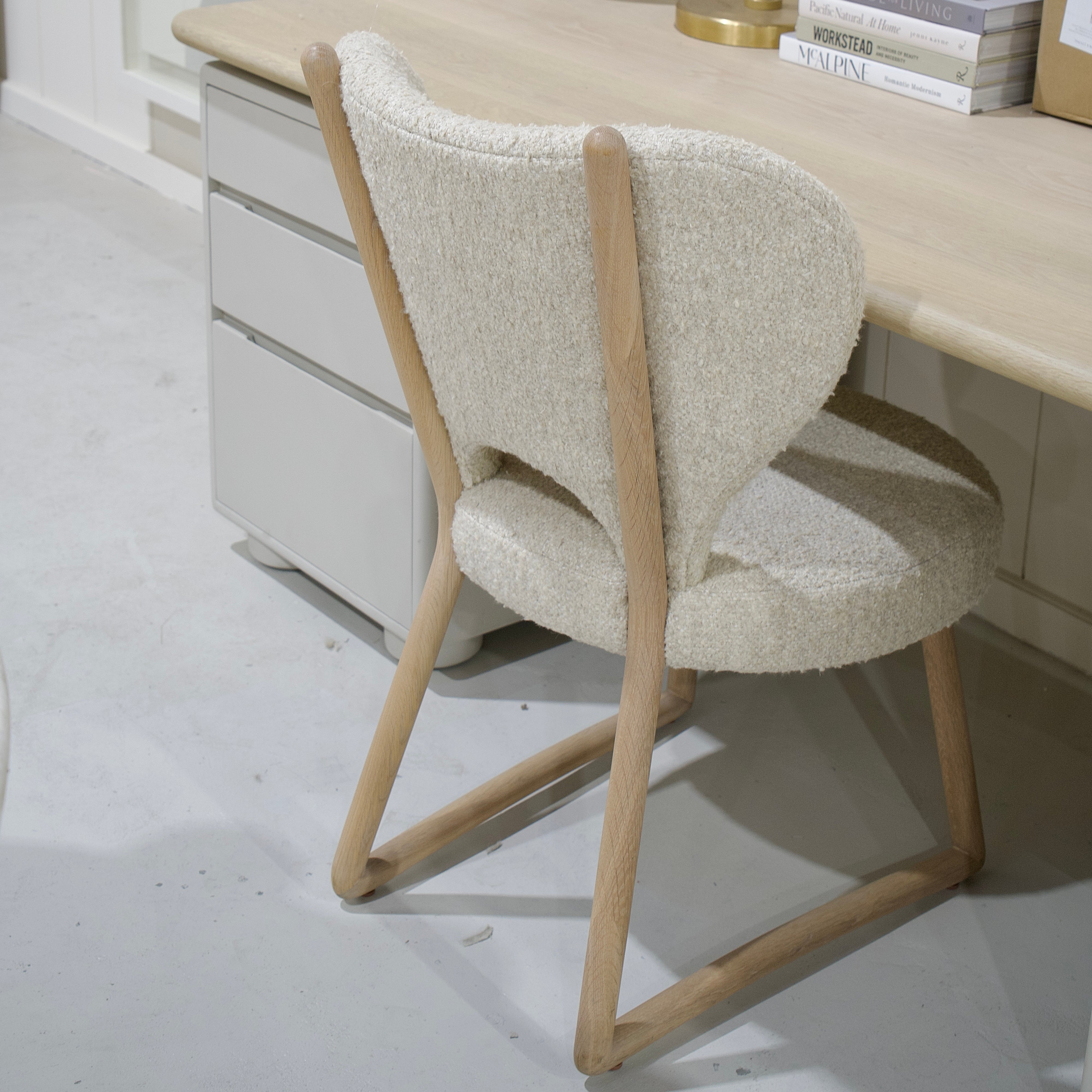 As Shown: 86"L x 31"D x 30"H | Material: Solid Oak & Limestone | Finish: Table Top: Sand, Base: Limestone painted Revere Pewter