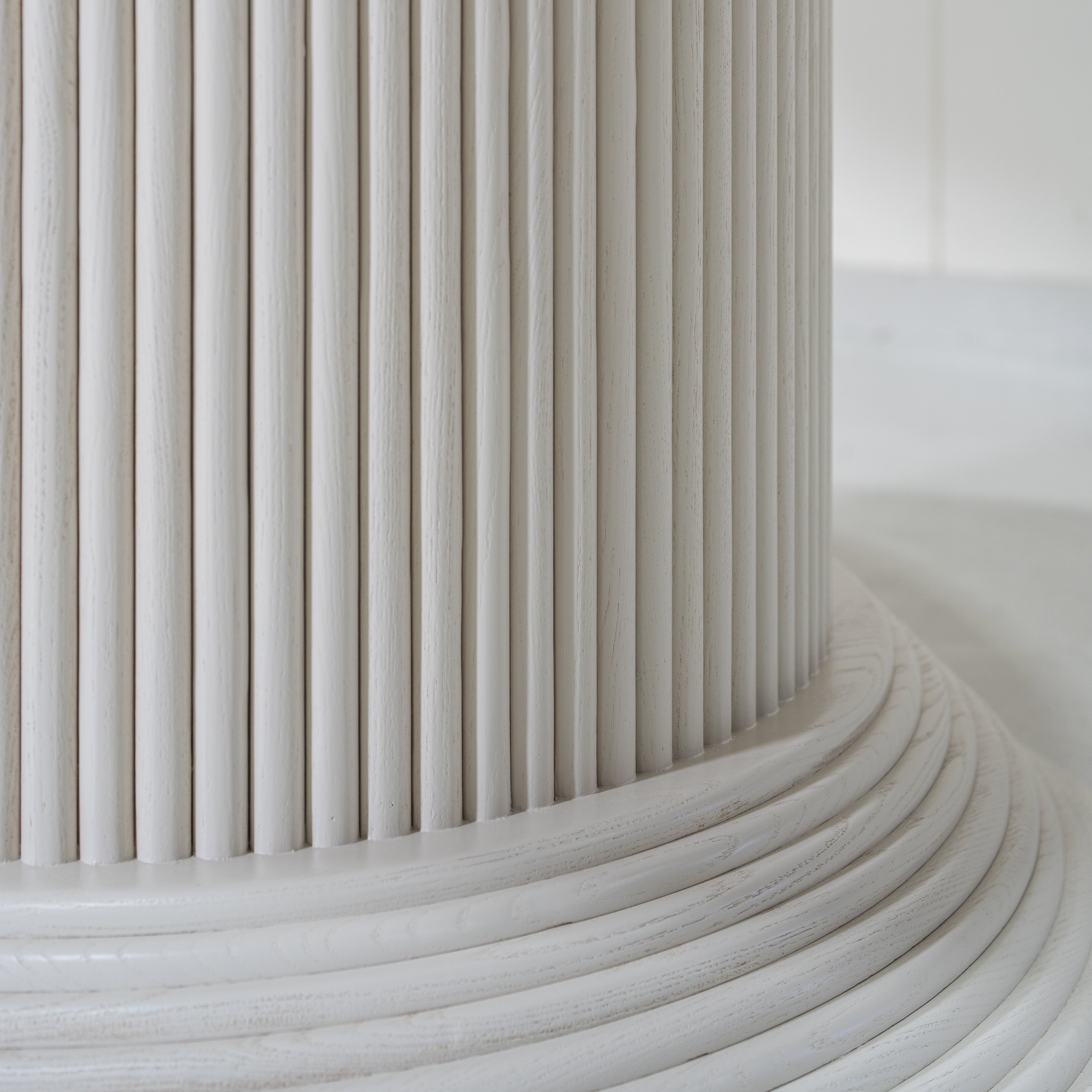 As Shown: 58"Dia x 30"H | Material: Solid Oak | Edge: Double Bullnosed | Base: Reeded | Finish: WireBrushed Painted EdgeComb Grey