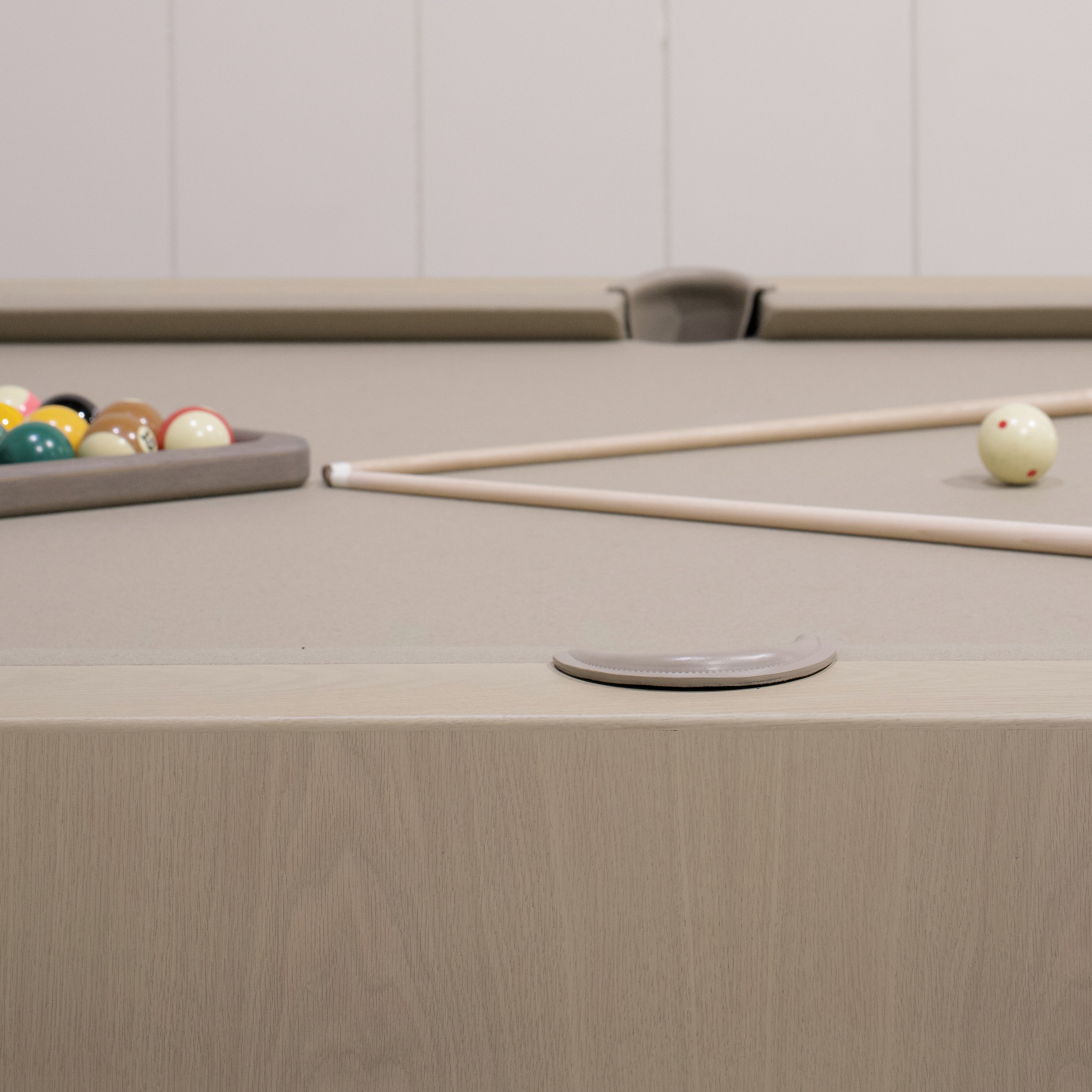 As Shown:  105”L x 62.5”D x 34”H | Material: Solid and Engineered Oak | Finish: Natural & Beige Pockets