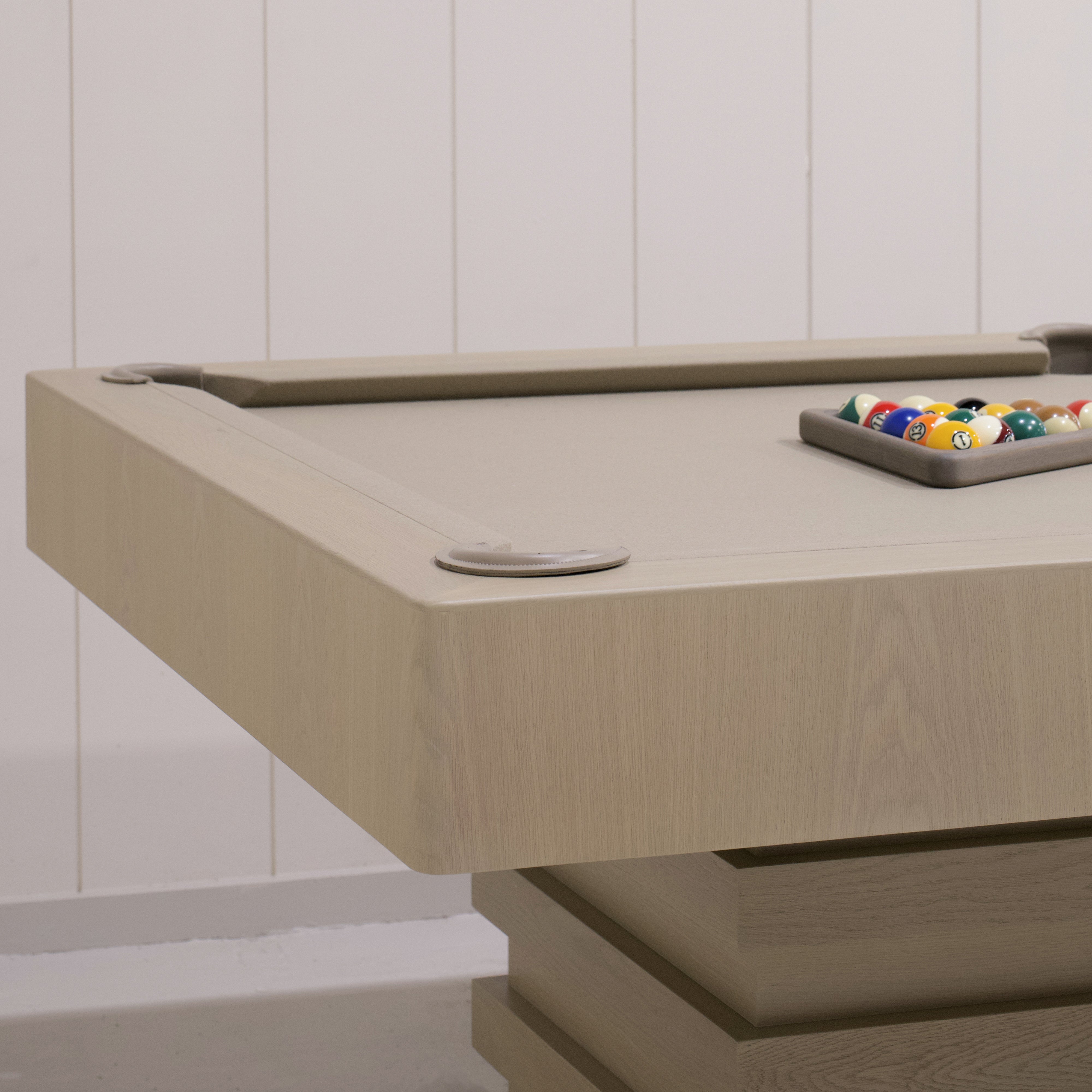 As Shown:  105”L x 62.5”D x 34”H | Material: Solid and Engineered Oak | Finish: Natural & Beige Pockets