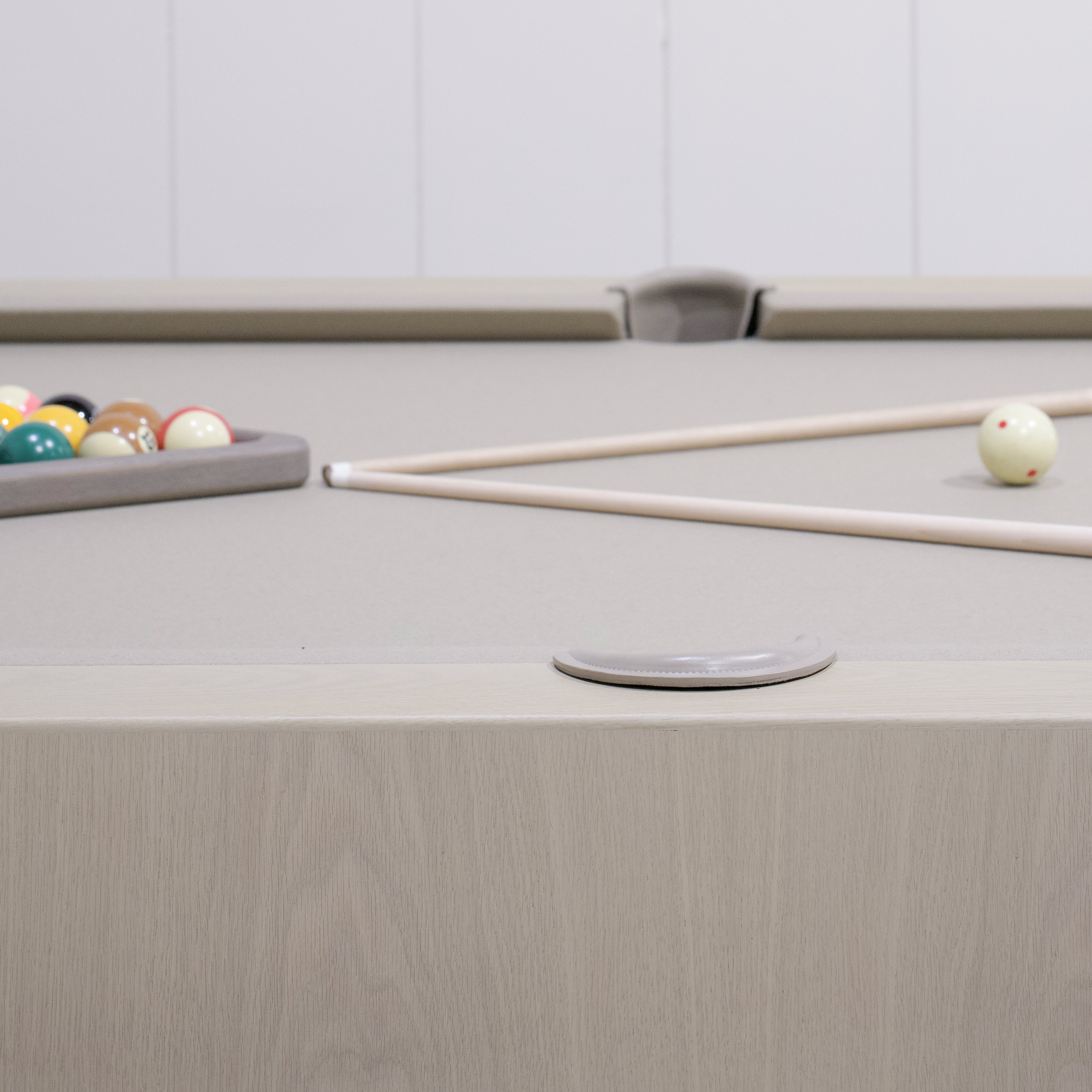 As Shown:  105”L x 62.5”D x 34”H | Material: Solid and Engineered Oak | Finish: Shell & Beige Pockets