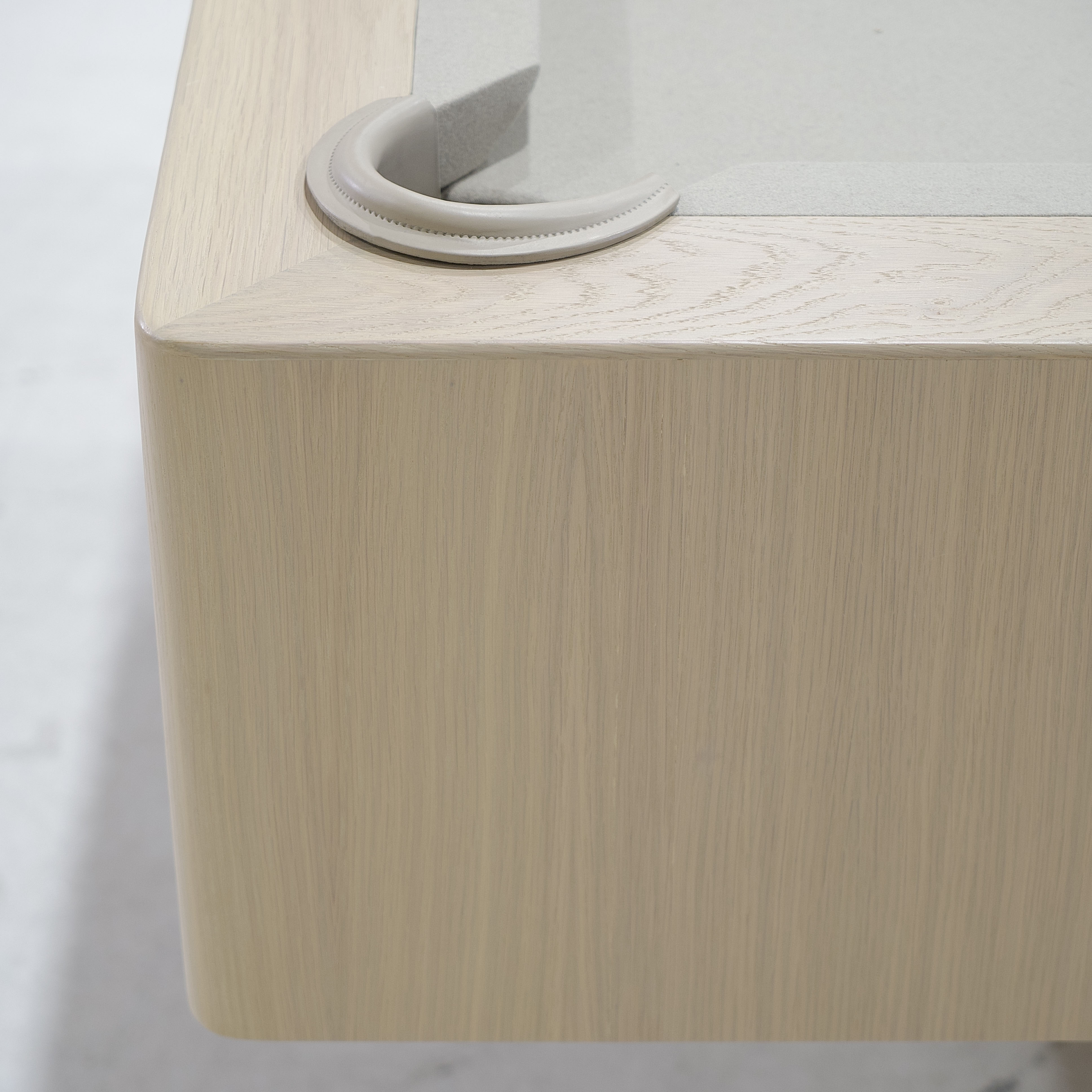 As Shown: 105”L x 62.5”D x 33”H | Material: Solid and Engineered Oak | Finish: Natural & Beige Pockets