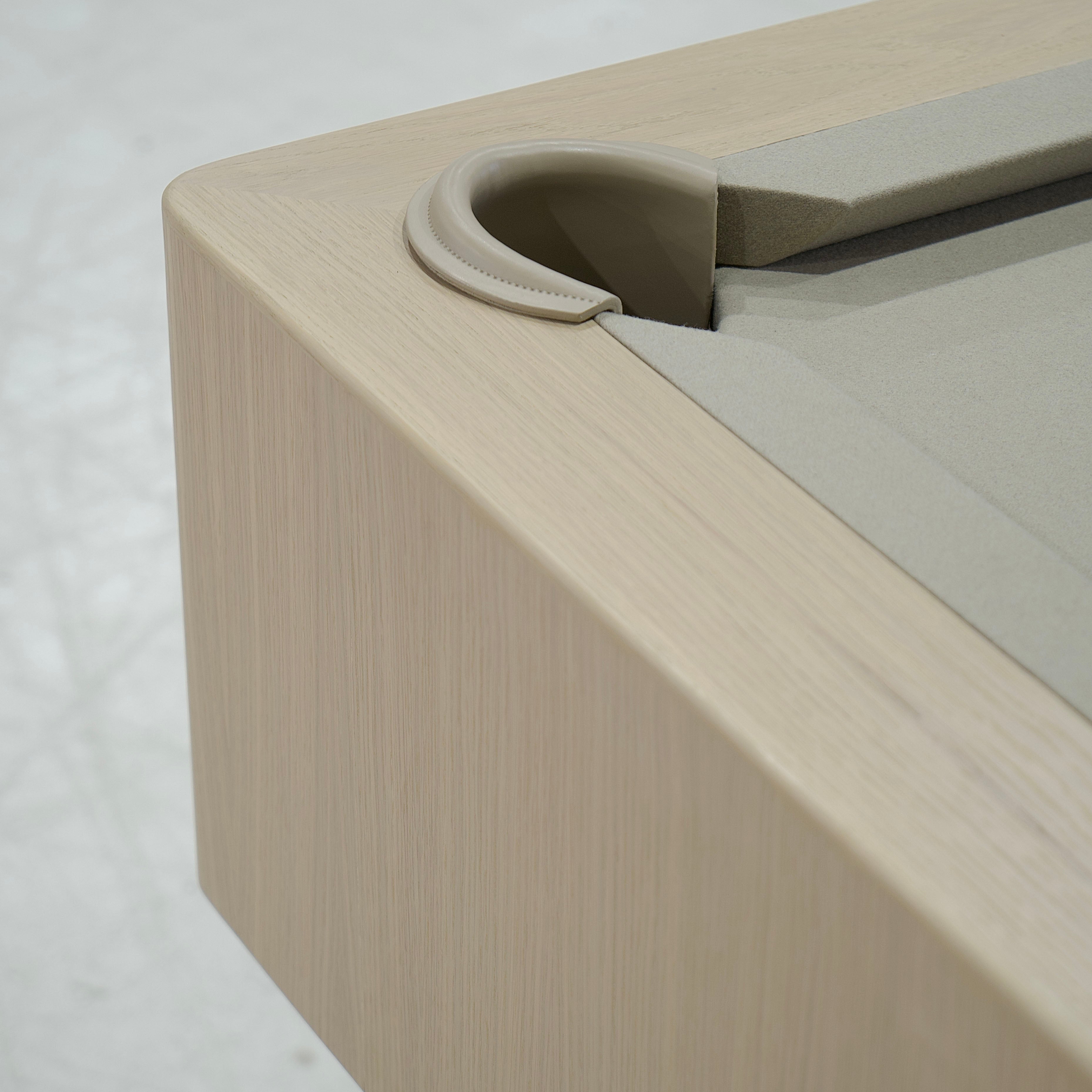 As Shown: 105”L x 62.5”D x 33”H | Material: Solid and Engineered Oak | Finish: Natural & Beige Pockets