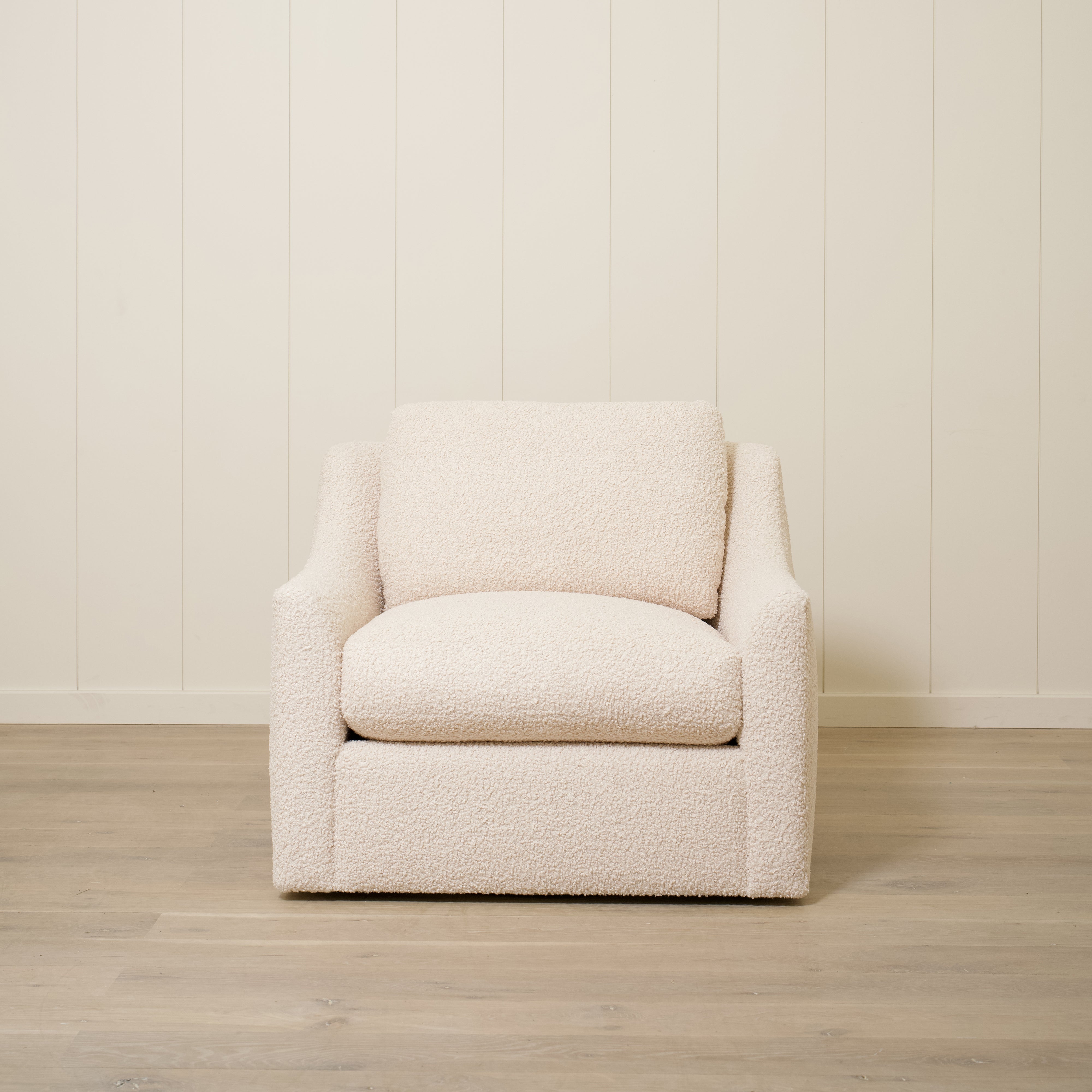 As Shown: 40"L x 39"D x 33"H | Style: Upholstered | Fabric: Teddy Ivory | Base: Swivel | Finish: N/A