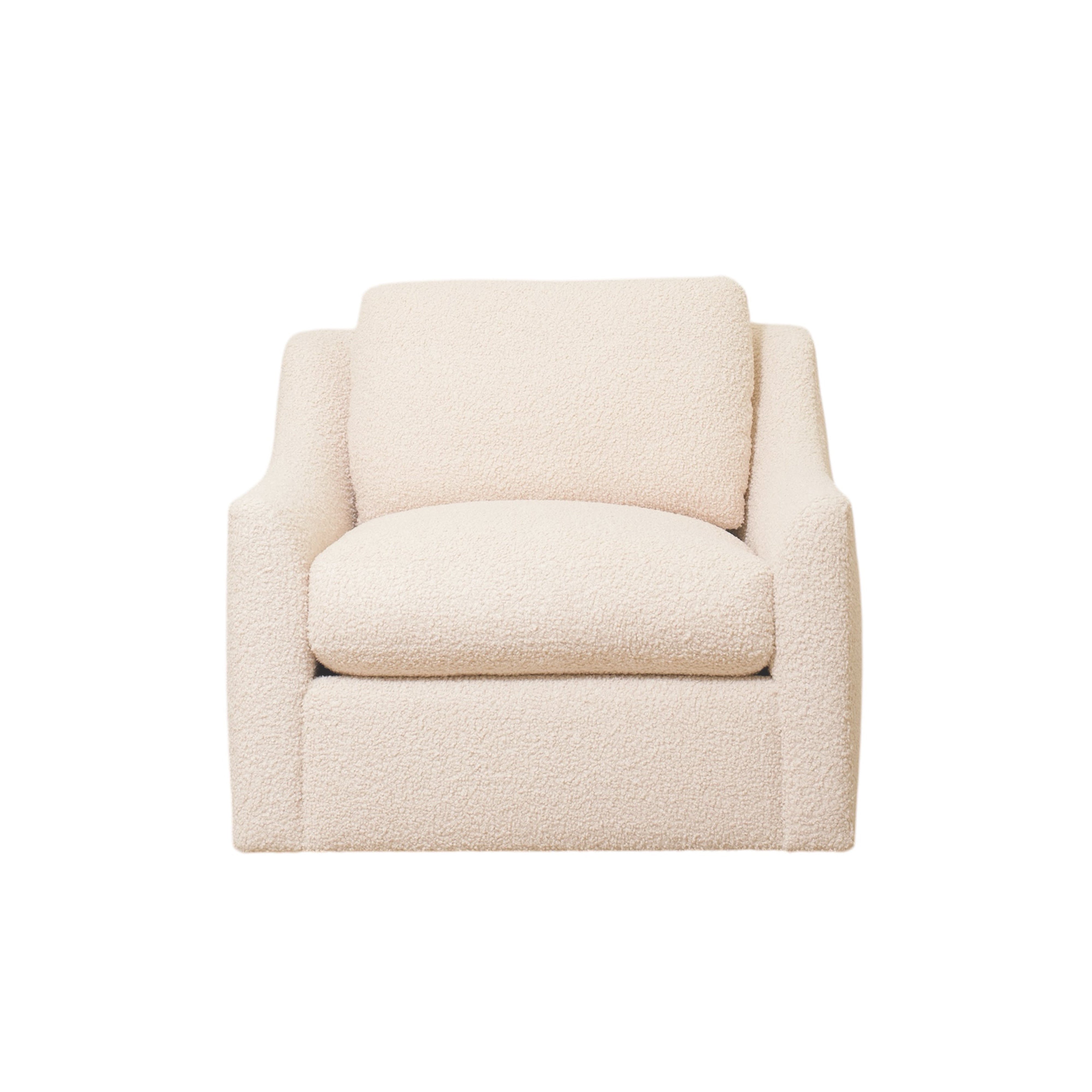 As Shown: 40"L x 39"D x 33"H | Style: Upholstered | Fabric: Teddy Ivory | Base: Swivel | Finish: N/A