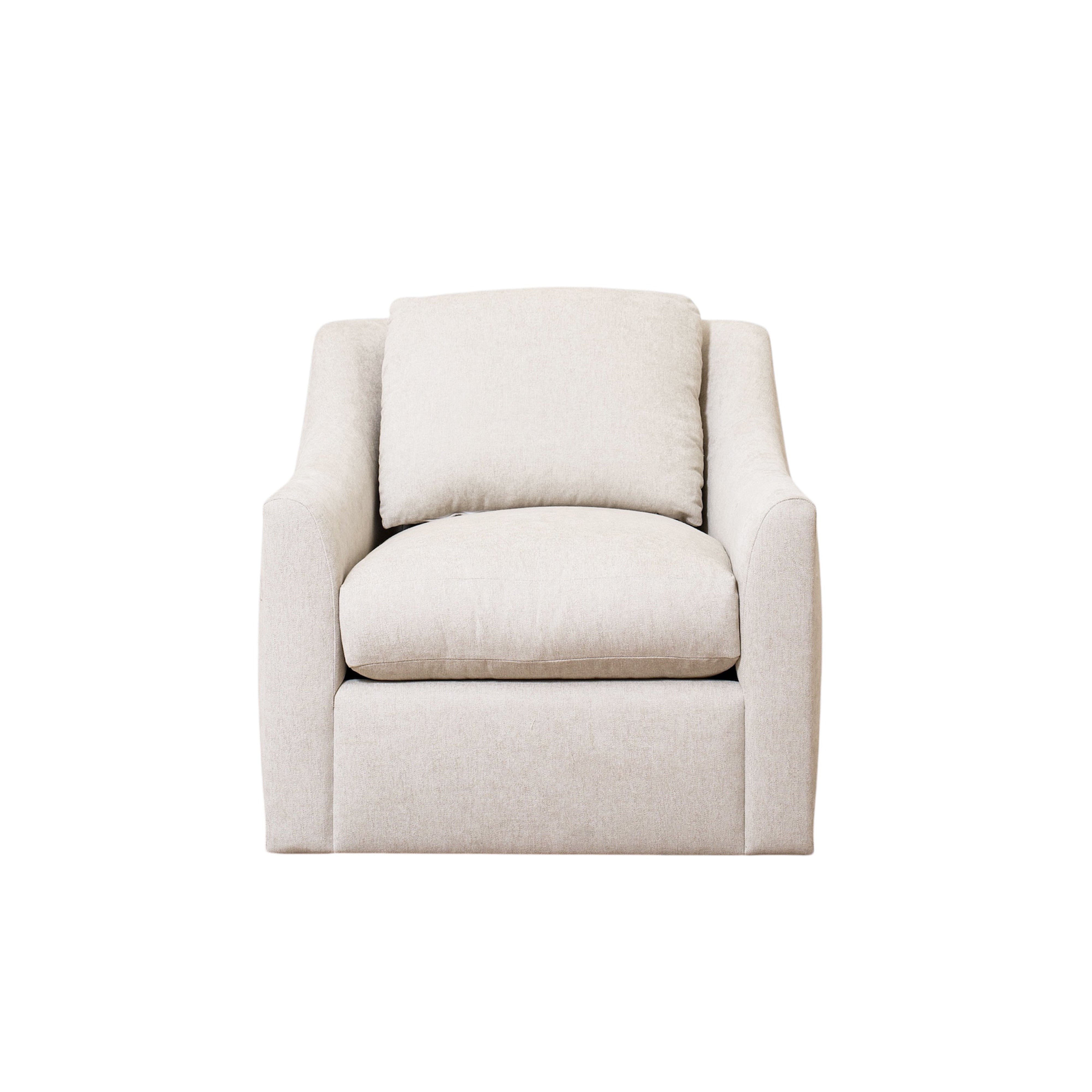 As Shown: 35"L x 39"D x 33"H | Style: Upholstered | Fabric: Marion Natural | Base: Swivel | Finish: N/A