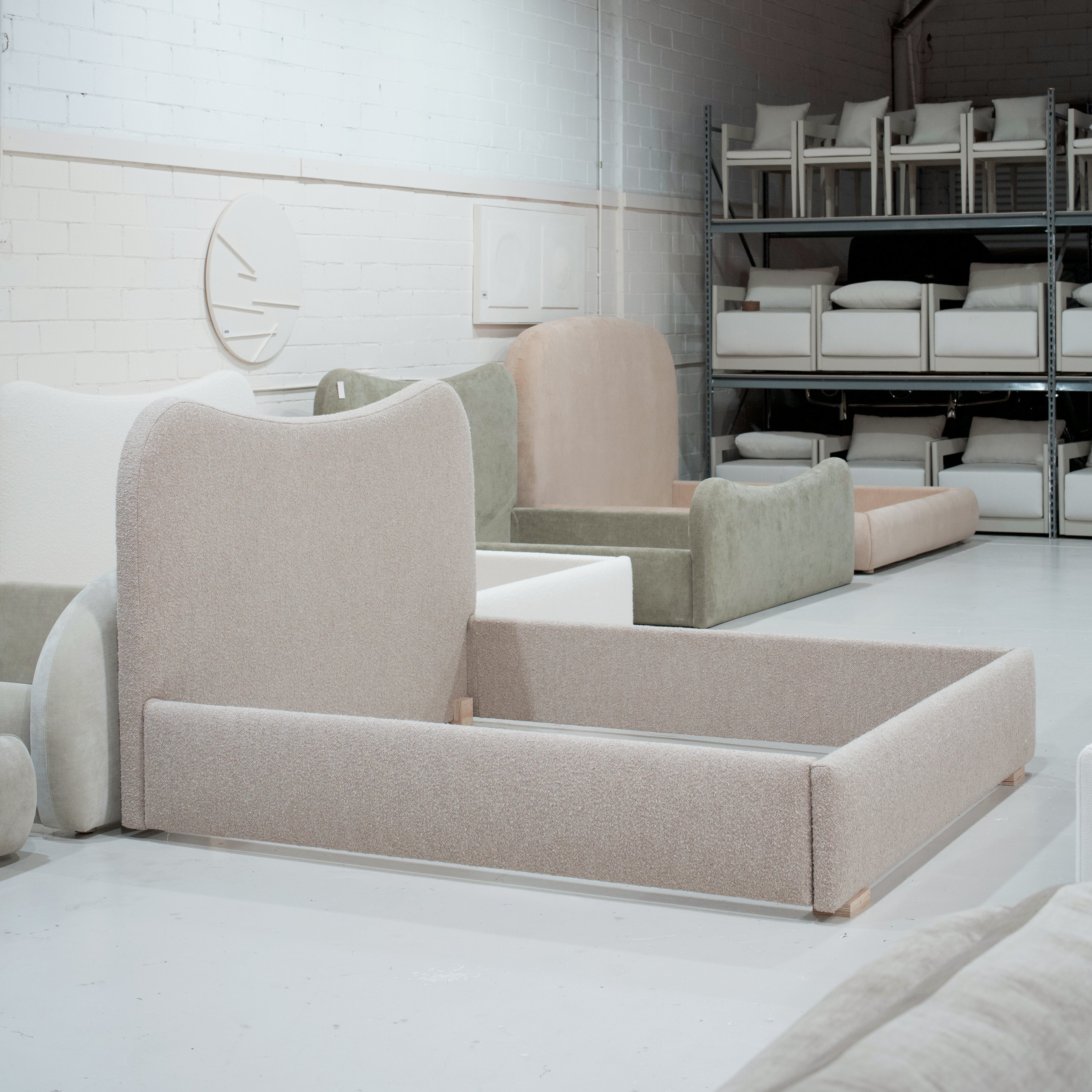 As Shown: King | Style: Upholstered | Fabric: Berber Taupe | Finish: N/A