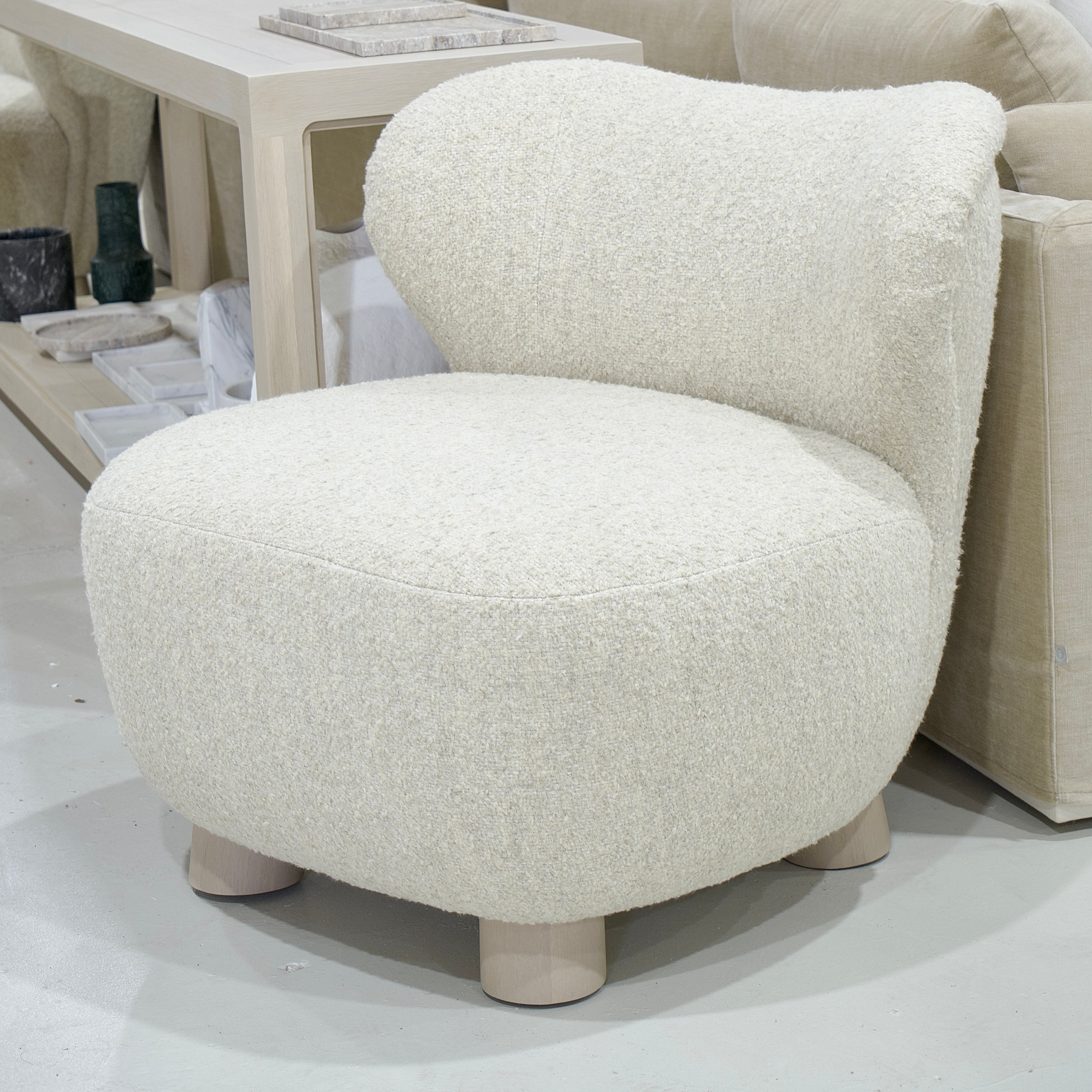 As Shown: 34"L x 35"D x 32"H | Style: Upholstered | Fabric: Berber Natural | Base: Legs | Finish: Sand