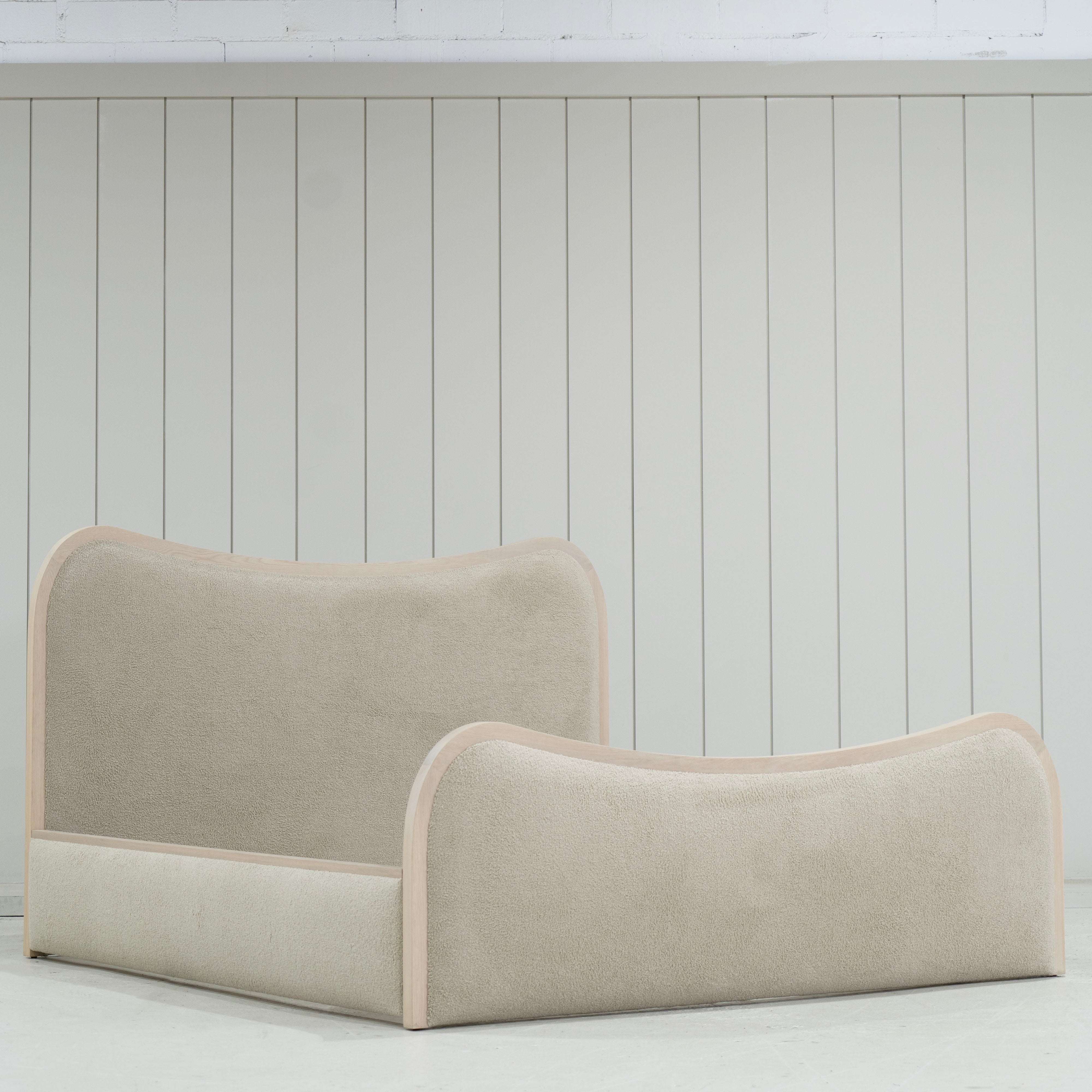 As Shown: 83"L x 91"D x 50"H | Size: King | Fabric: Peak Taupe | Material: Solid Oak | Finish: Sand