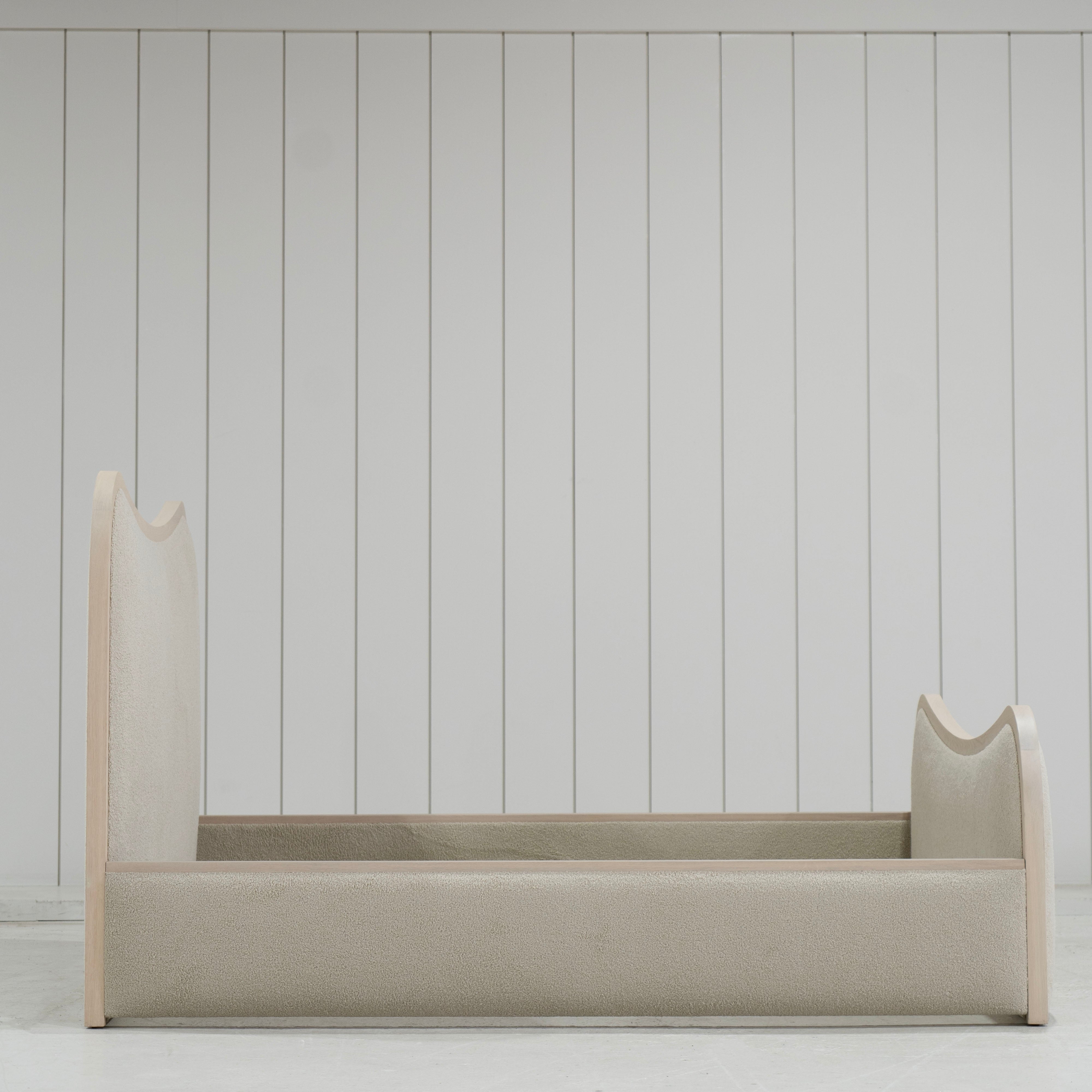 As Shown: 83"L x 91"D x 50"H | Size: King | Fabric: Peak Taupe | Material: Solid Oak | Finish: Sand