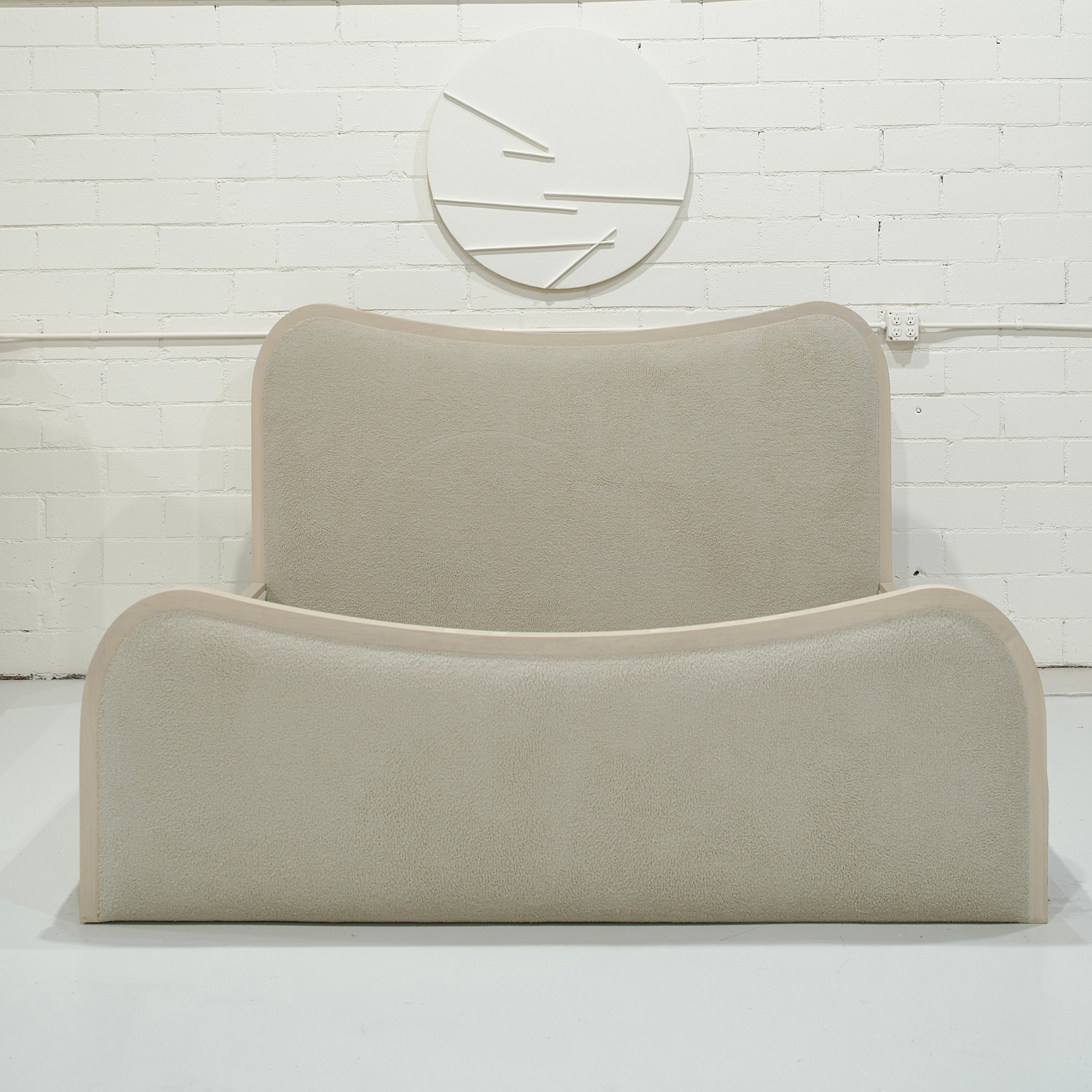 As Shown: 83"L x 91"D x 50"H | Size: King | Fabric: Peak Taupe | Material: Solid Oak | Finish: Sand