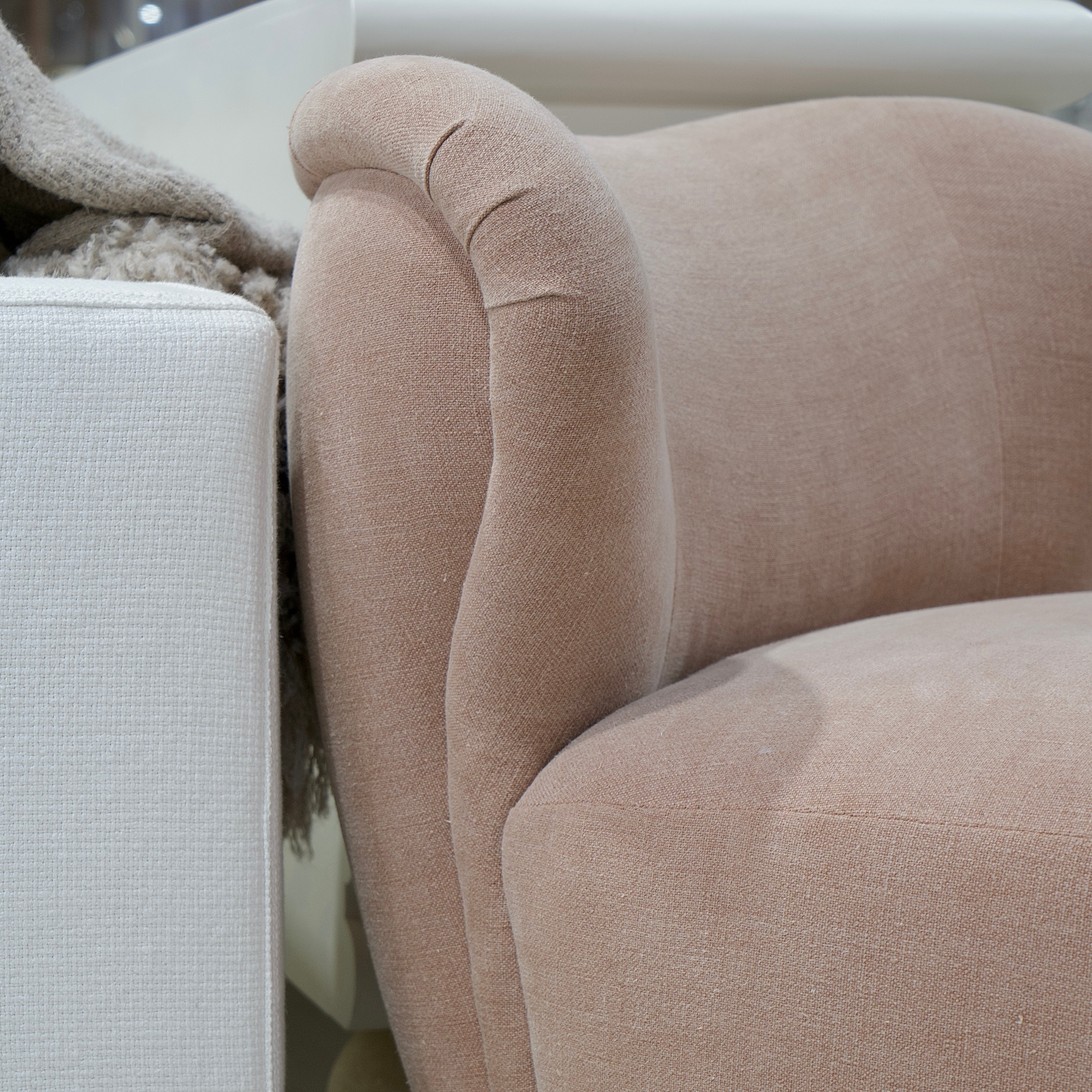 As Shown: 34"L x 35"D x 32"H | Style: Upholstered | Fabric: Granby Clay | Base: Legs | Finish: Sand