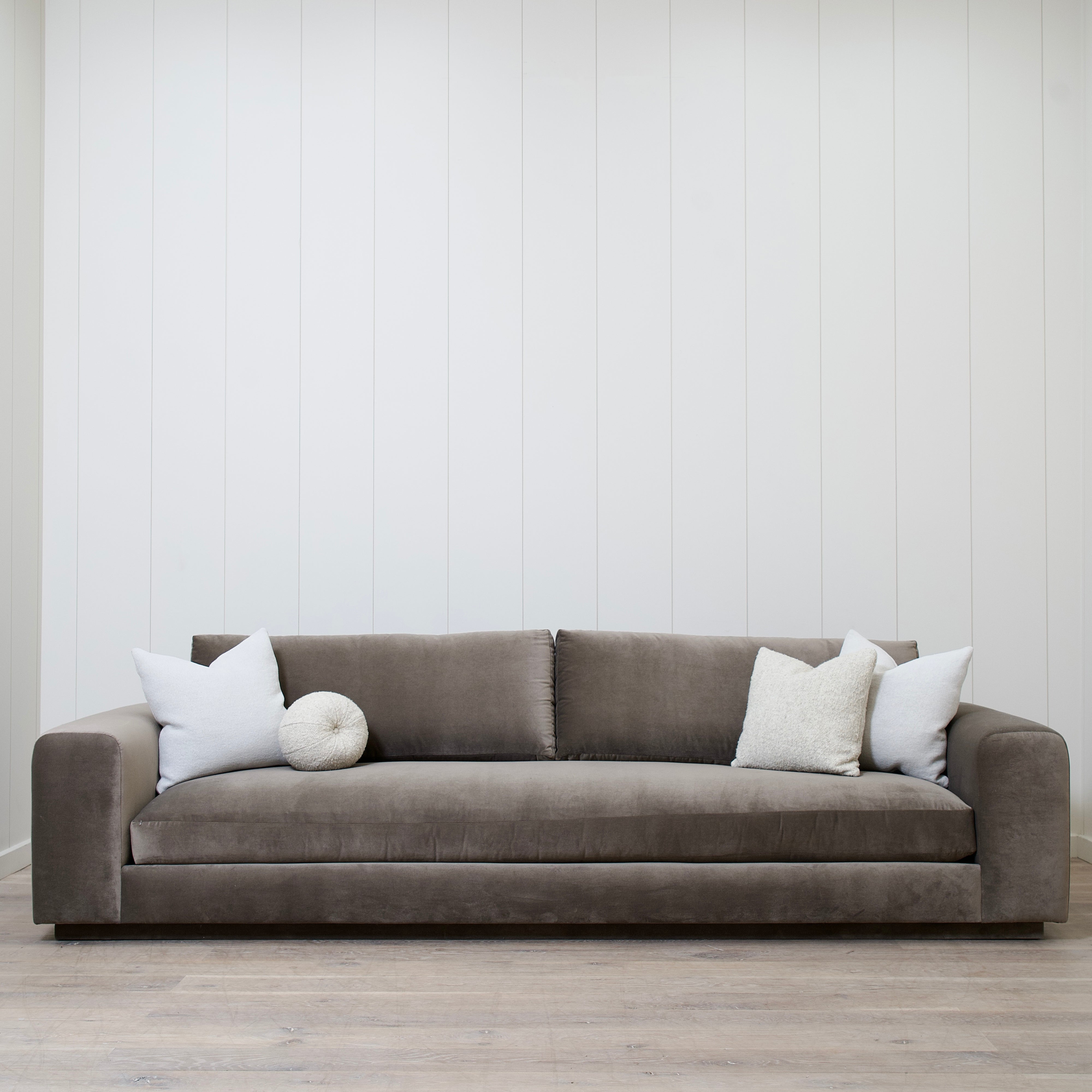 As Shown: Fully upholstered Sky Taupe