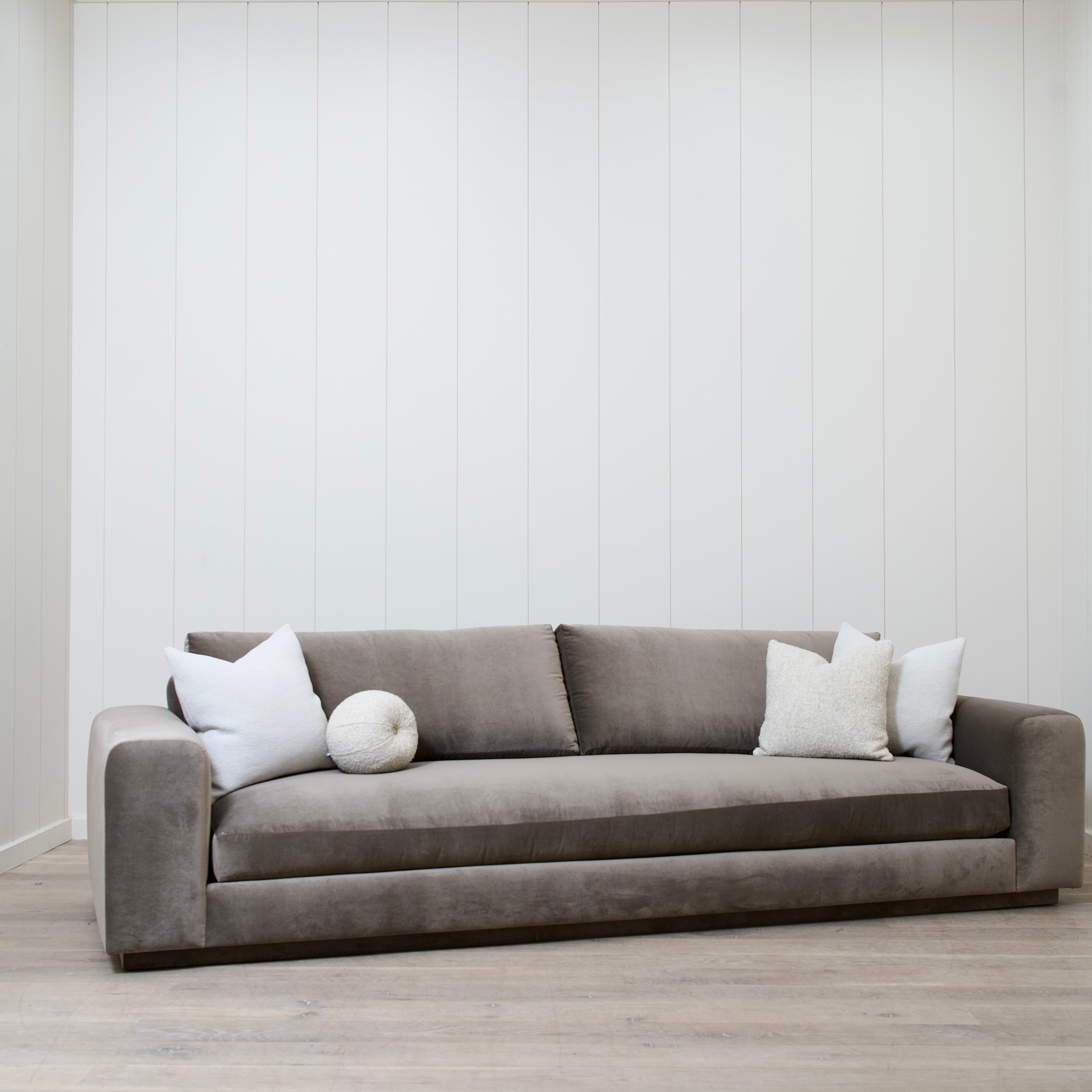 As Shown: Fully upholstered Sky Taupe