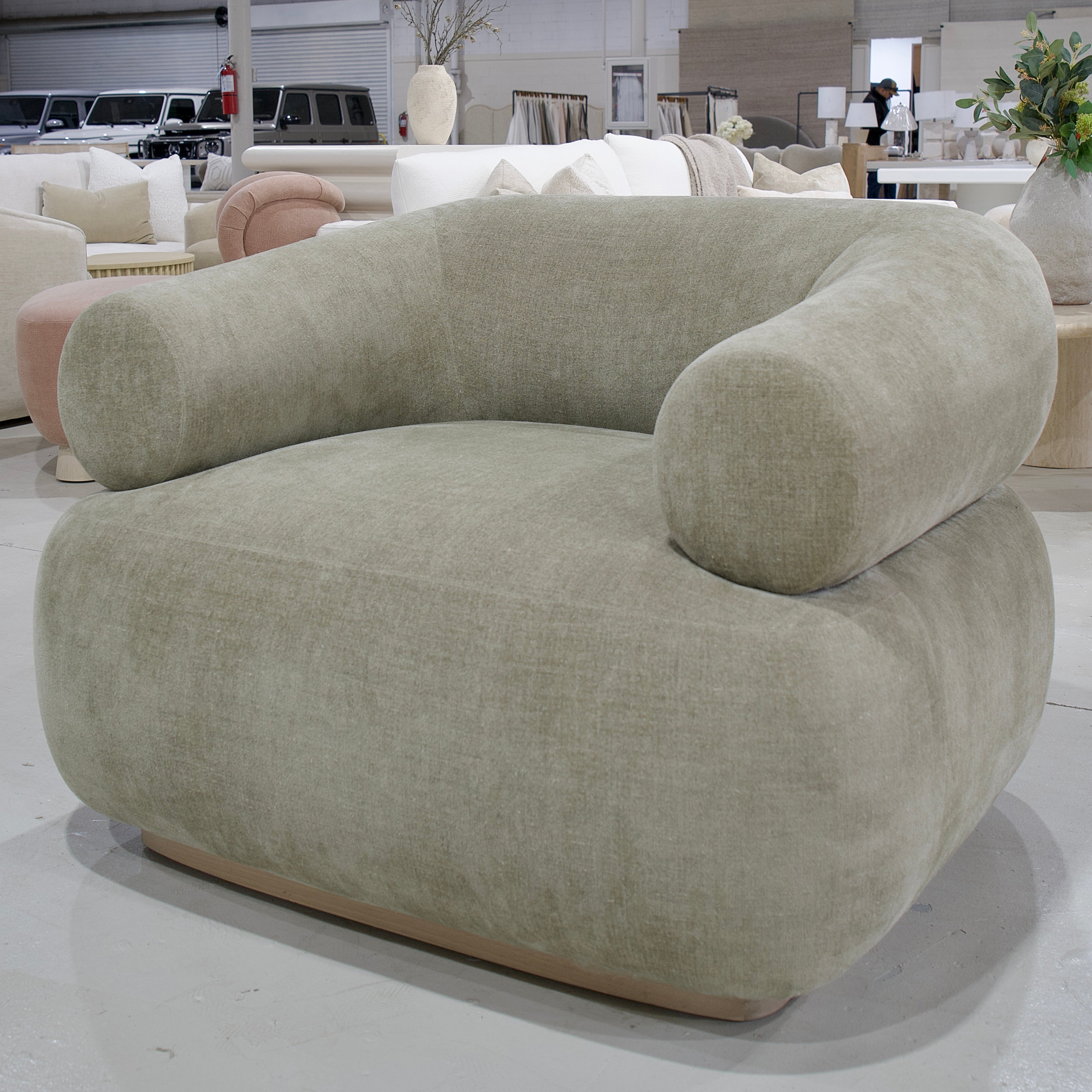 As Shown: 41"L x 37"D x 31"H | Style: Upholstered | Fabric: Bellamy Moss | Base: Stationary | Finish: Sand