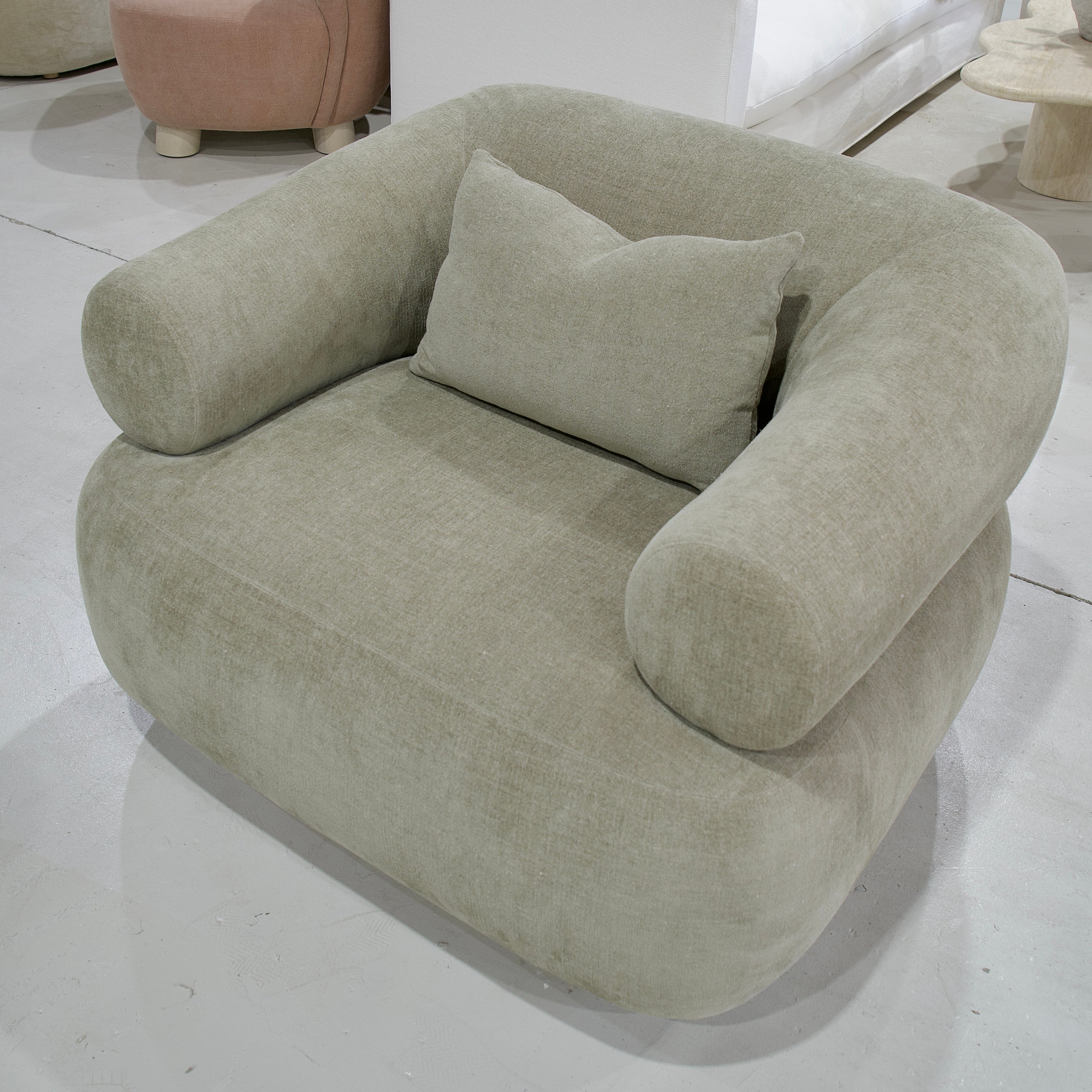 As Shown: 41"L x 37"D x 31"H | Style: Upholstered | Fabric: Bellamy Moss | Base: Stationary | Finish: Sand