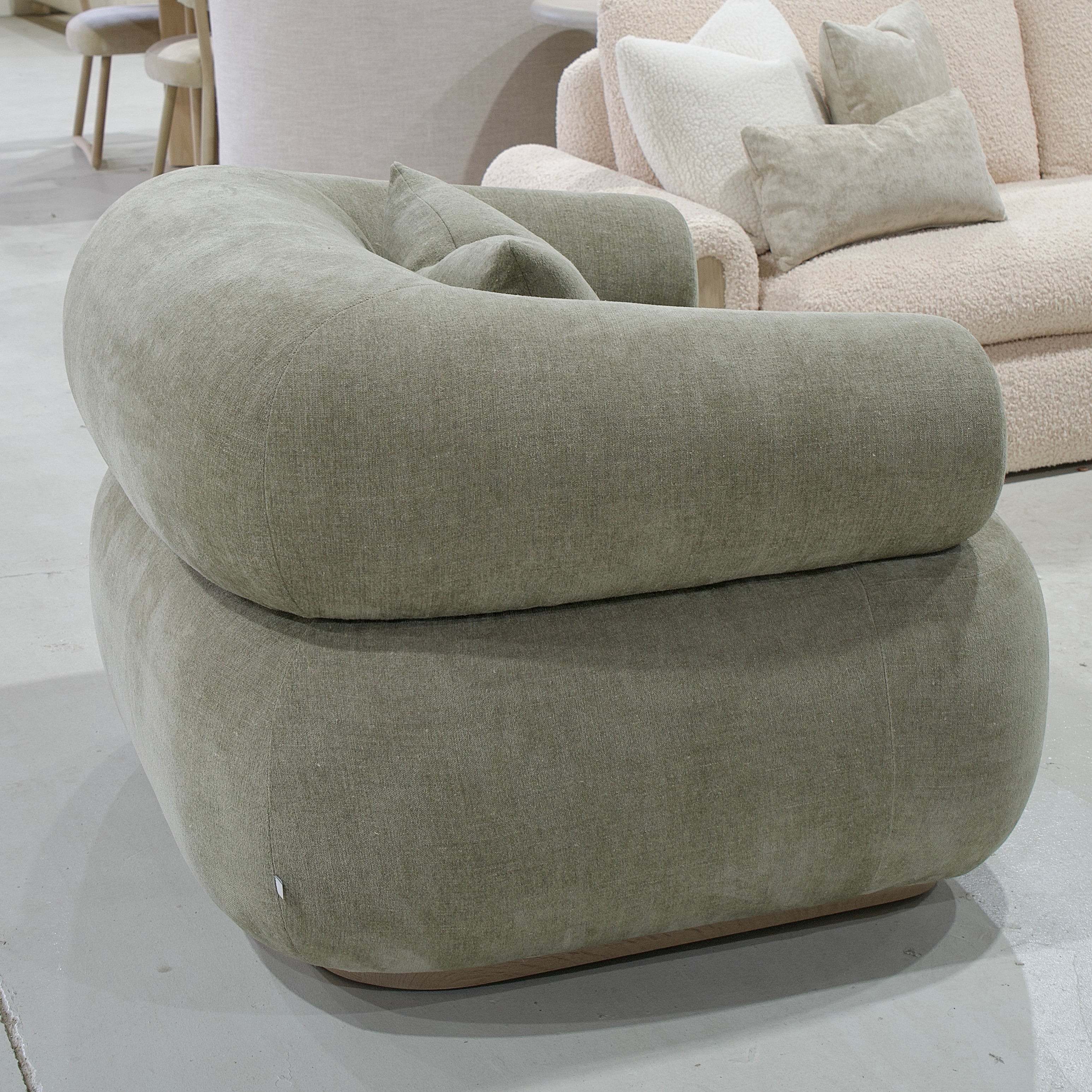 As Shown: 41"L x 37"D x 31"H | Style: Upholstered | Fabric: Bellamy Moss | Base: Stationary | Finish: Sand