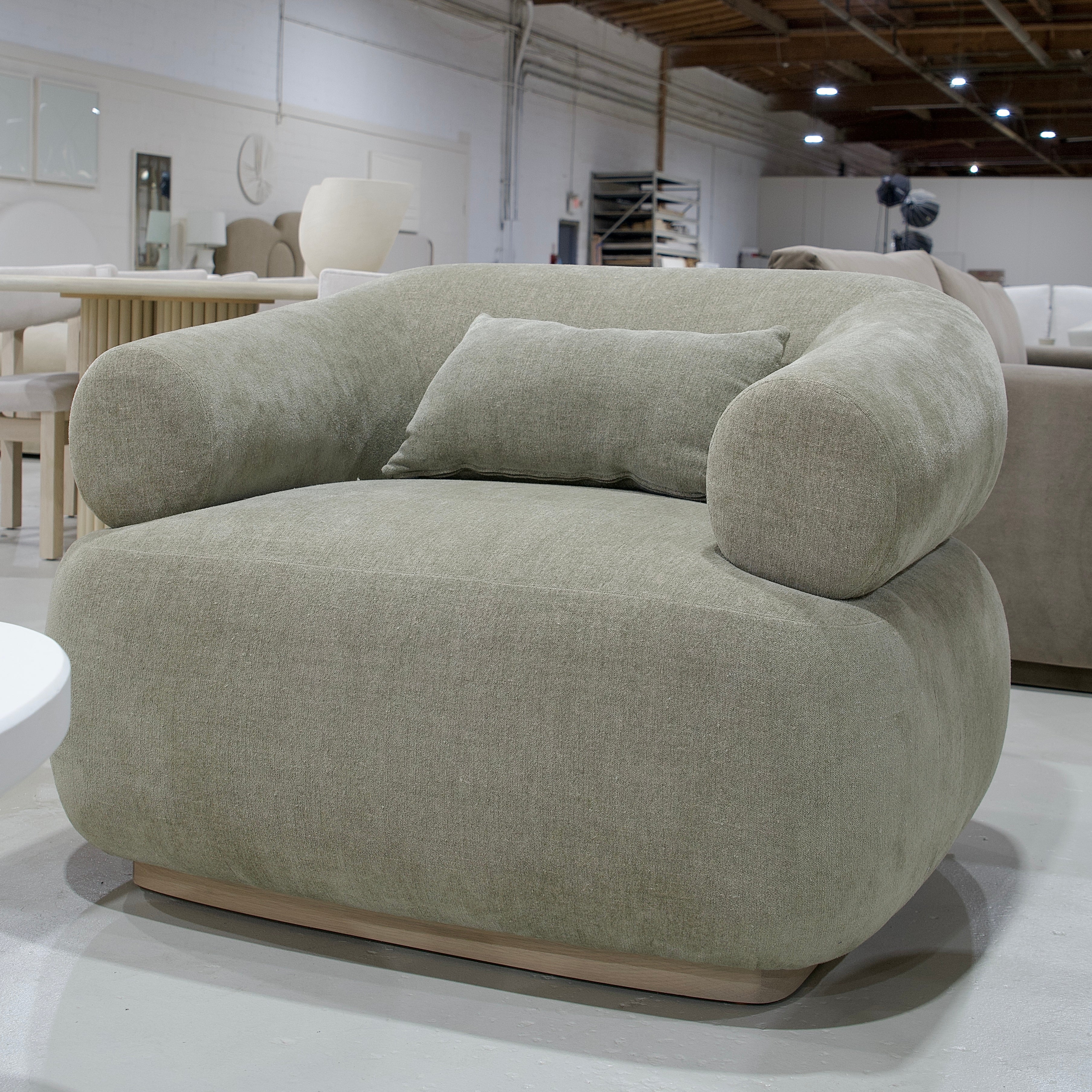 As Shown: 41"L x 37"D x 31"H | Style: Upholstered | Fabric: Bellamy Moss | Base: Stationary | Finish: Sand