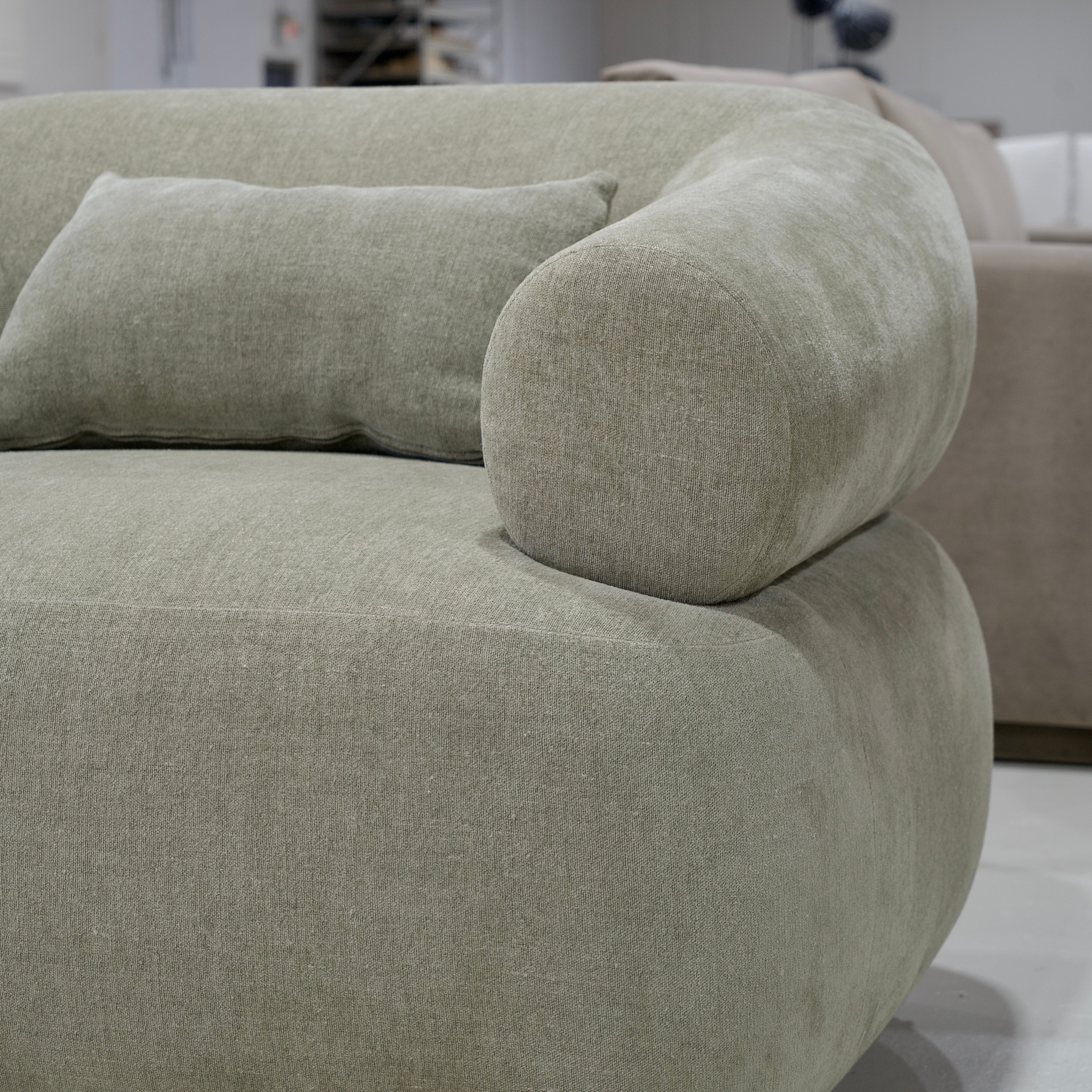 As Shown: 41"L x 37"D x 31"H | Style: Upholstered | Fabric: Bellamy Moss | Base: Stationary | Finish: Sand