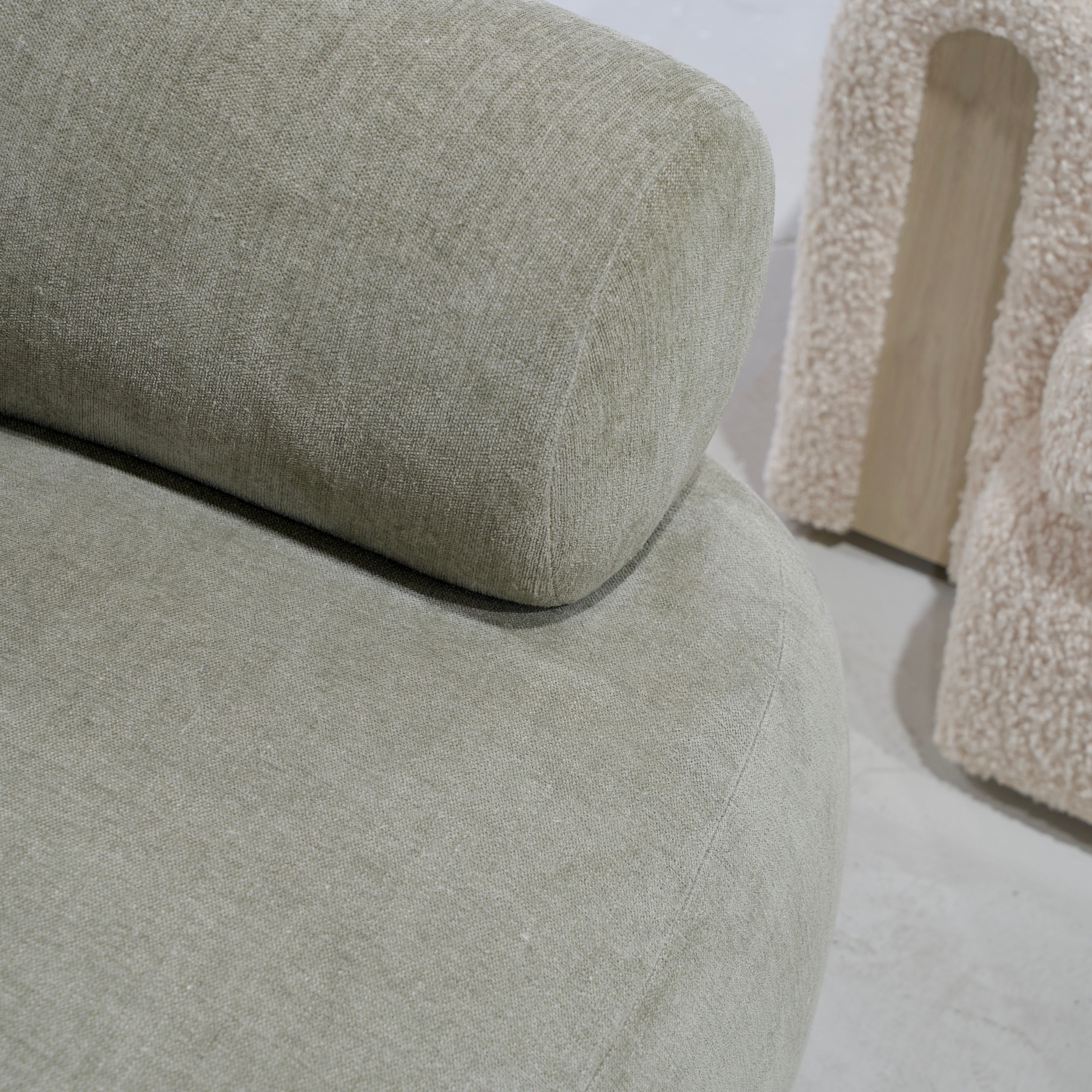 As Shown: 41"L x 37"D x 31"H | Style: Upholstered | Fabric: Bellamy Moss | Base: Stationary | Finish: Sand