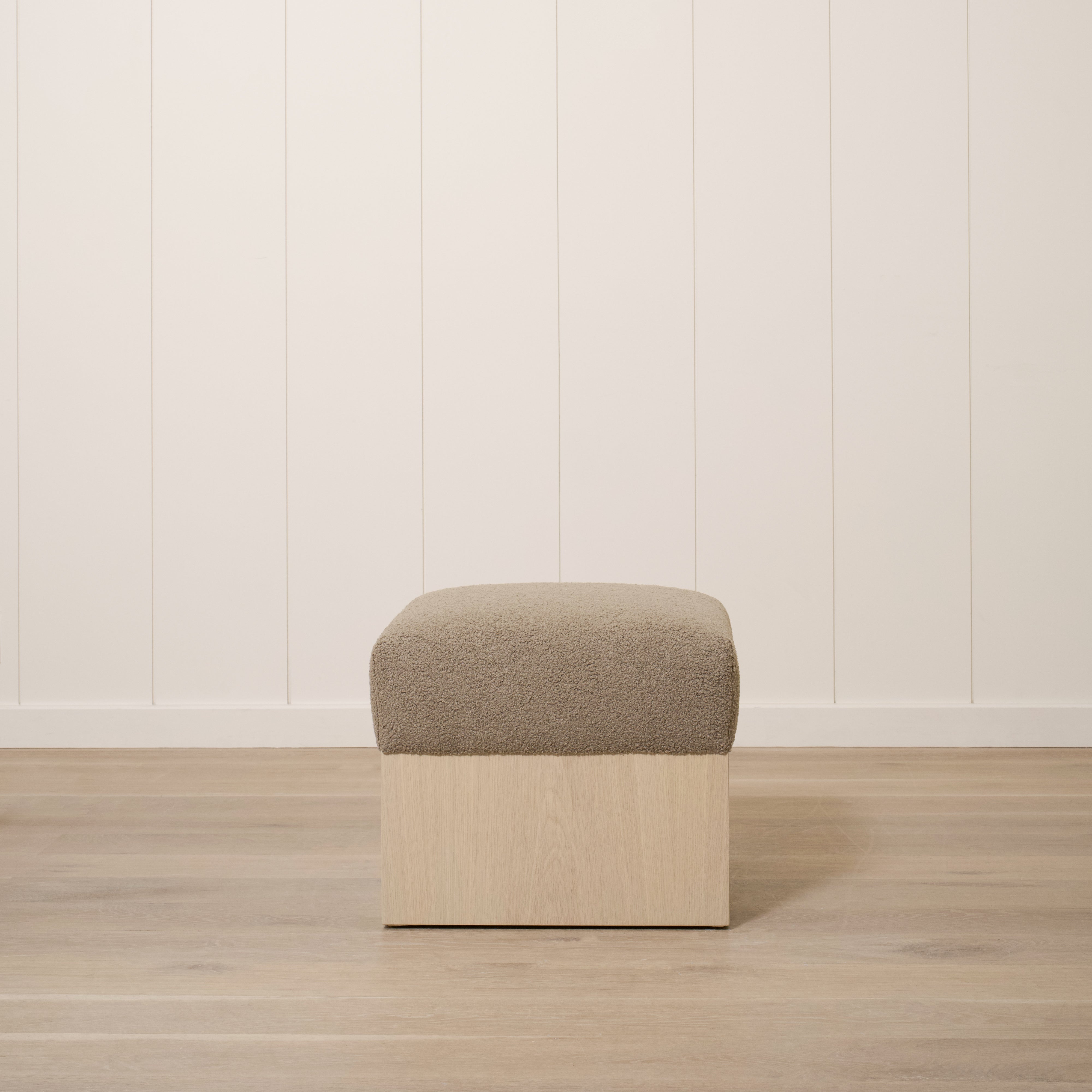 As Shown: 21"L x 21"D x 18"H | Fabric: Peak Cocoa | Material: Solid & Engineered Oak | Finish: Sand