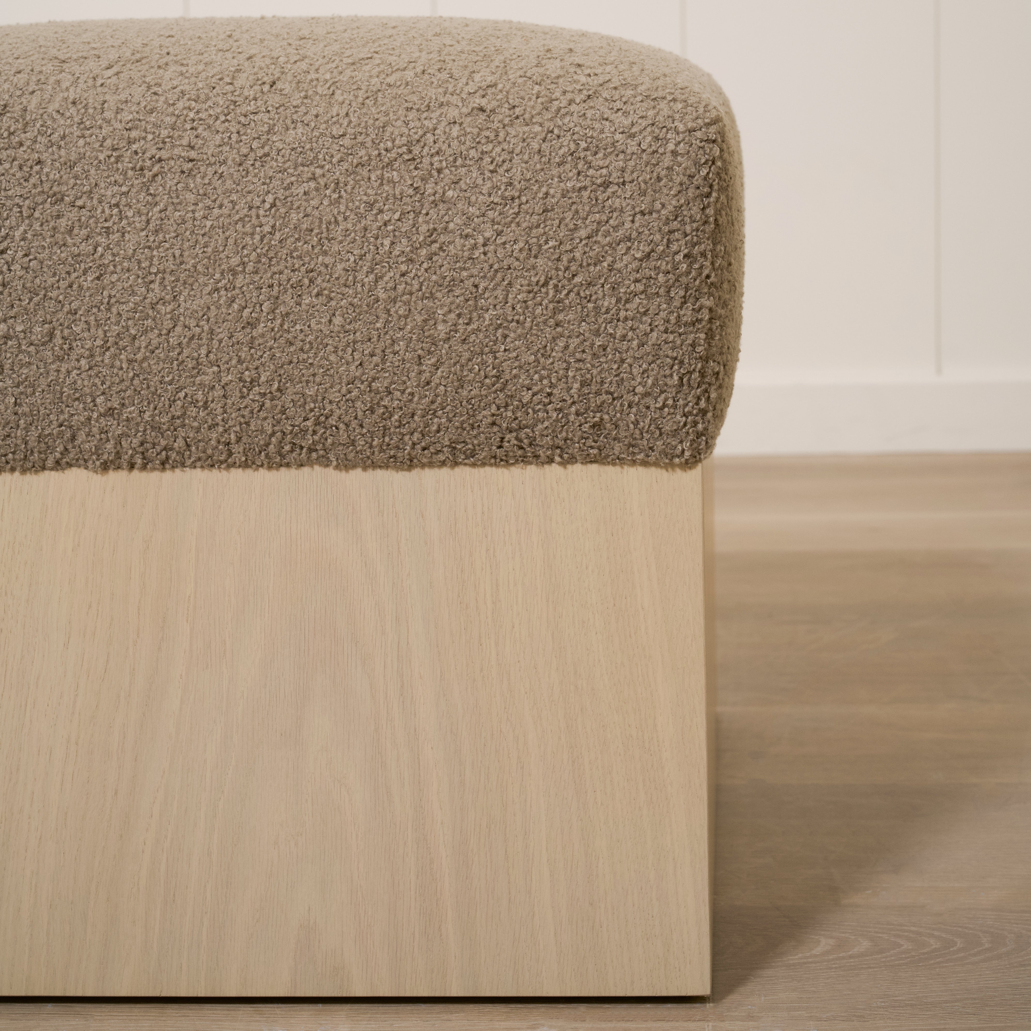 As Shown: 21"L x 21"D x 18"H | Fabric: Peak Cocoa | Material: Solid & Engineered Oak | Finish: Sand