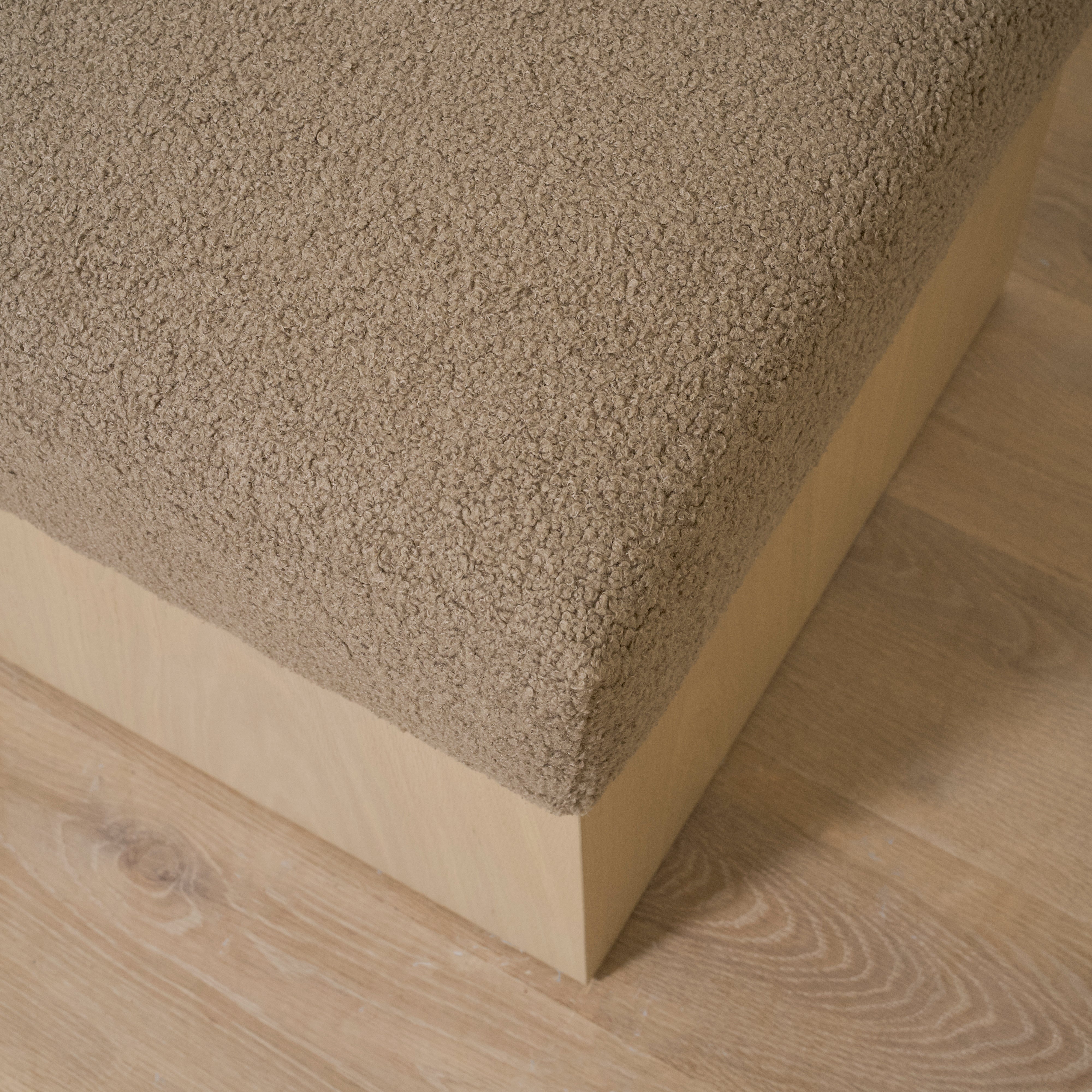 As Shown: 21"L x 21"D x 18"H | Fabric: Peak Cocoa | Material: Solid & Engineered Oak | Finish: Sand