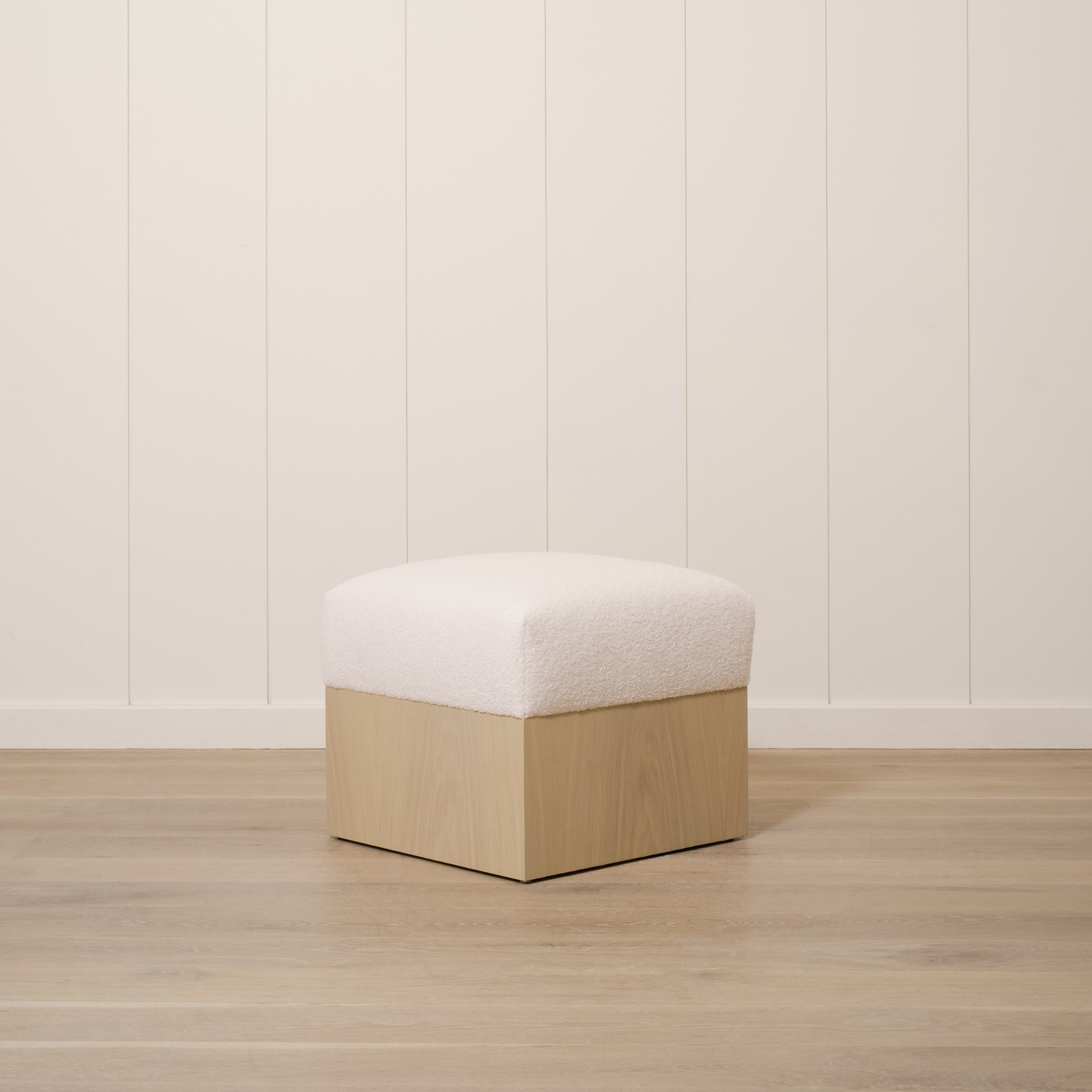 As Shown: 21"L x 21"D x 18"H | Fabric: Peak White | Material: Solid & Engineered Oak | Finish: Sand