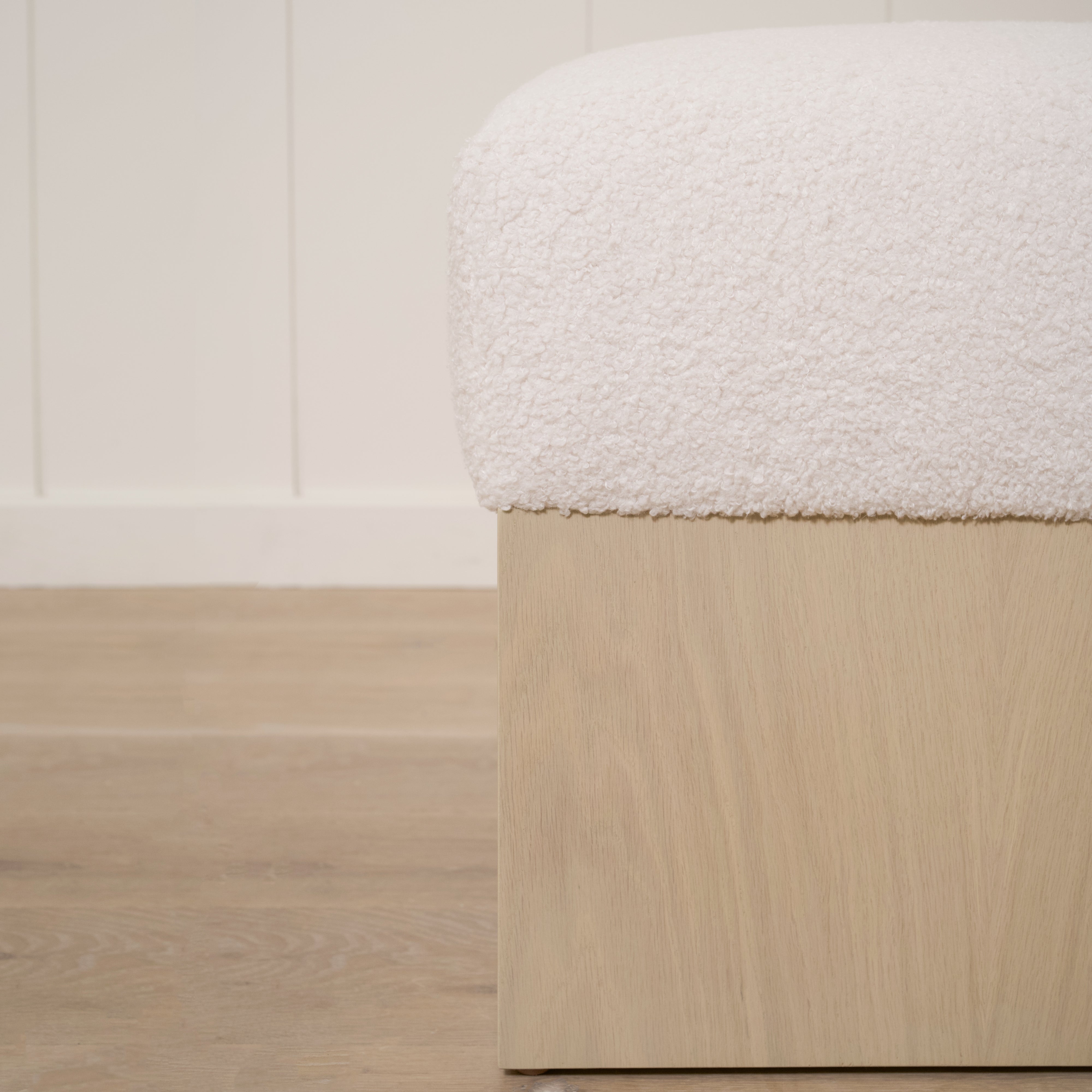 As Shown: 21"L x 21"D x 18"H | Fabric: Peak White | Material: Solid & Engineered Oak | Finish: Sand