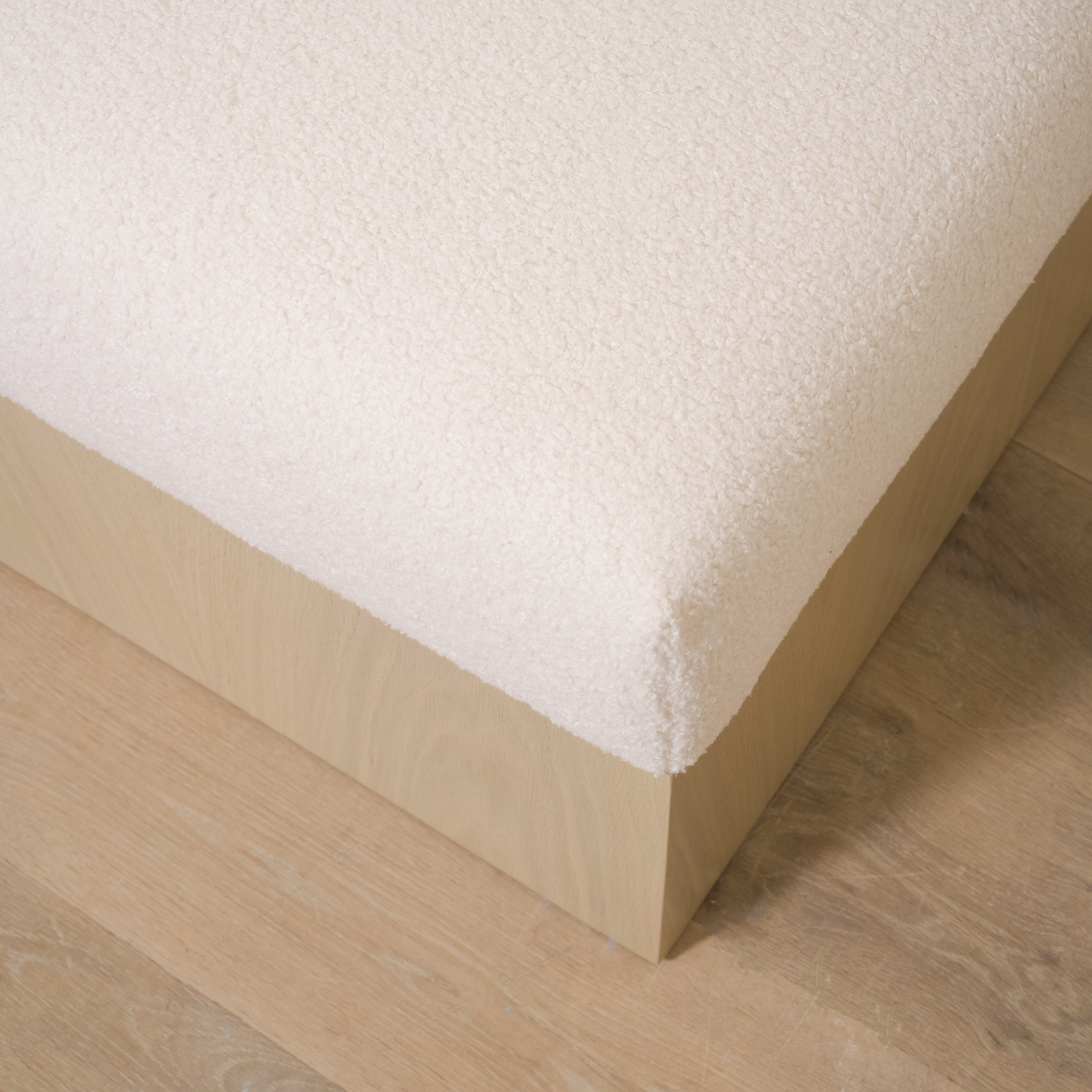 As Shown: 21"L x 21"D x 18"H | Fabric: Peak White | Material: Solid & Engineered Oak | Finish: Sand