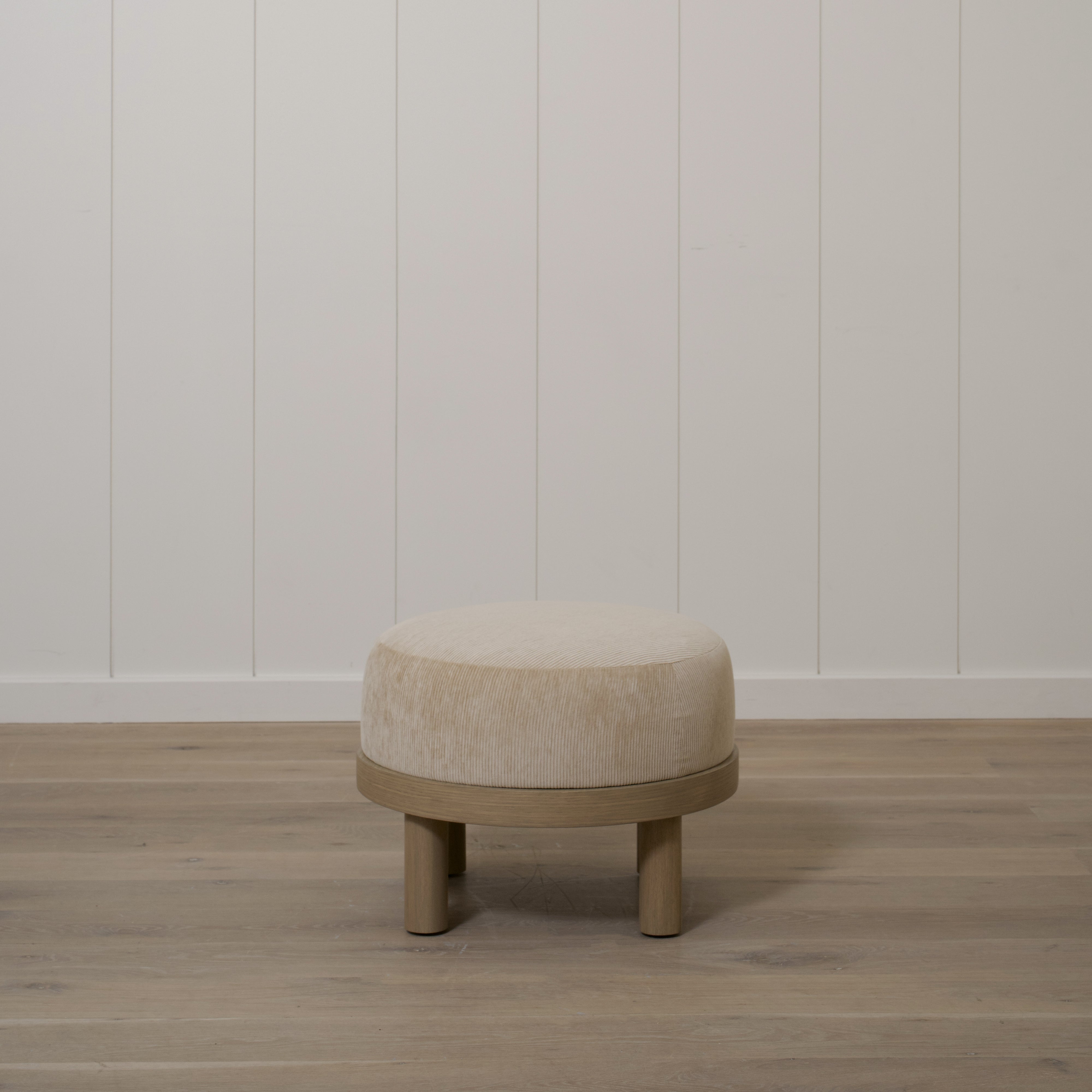 As Shown: 23"Dia x 17"H | Fabric: Mila Cashew | Material: Solid & Engineered Oak | Finish: Hazel