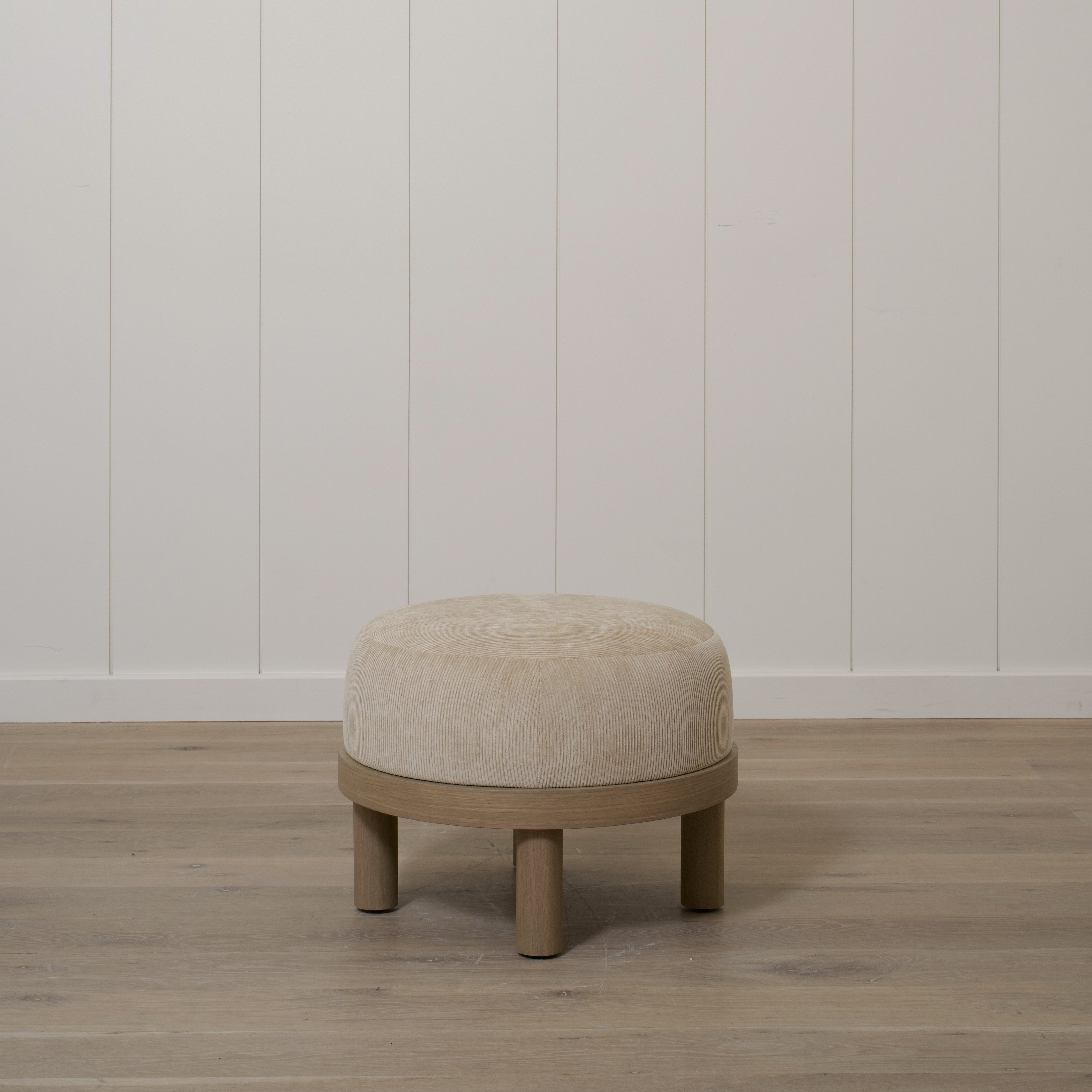 As Shown: 23"Dia x 17"H | Fabric: Mila Cashew | Material: Solid & Engineered Oak | Finish: Hazel