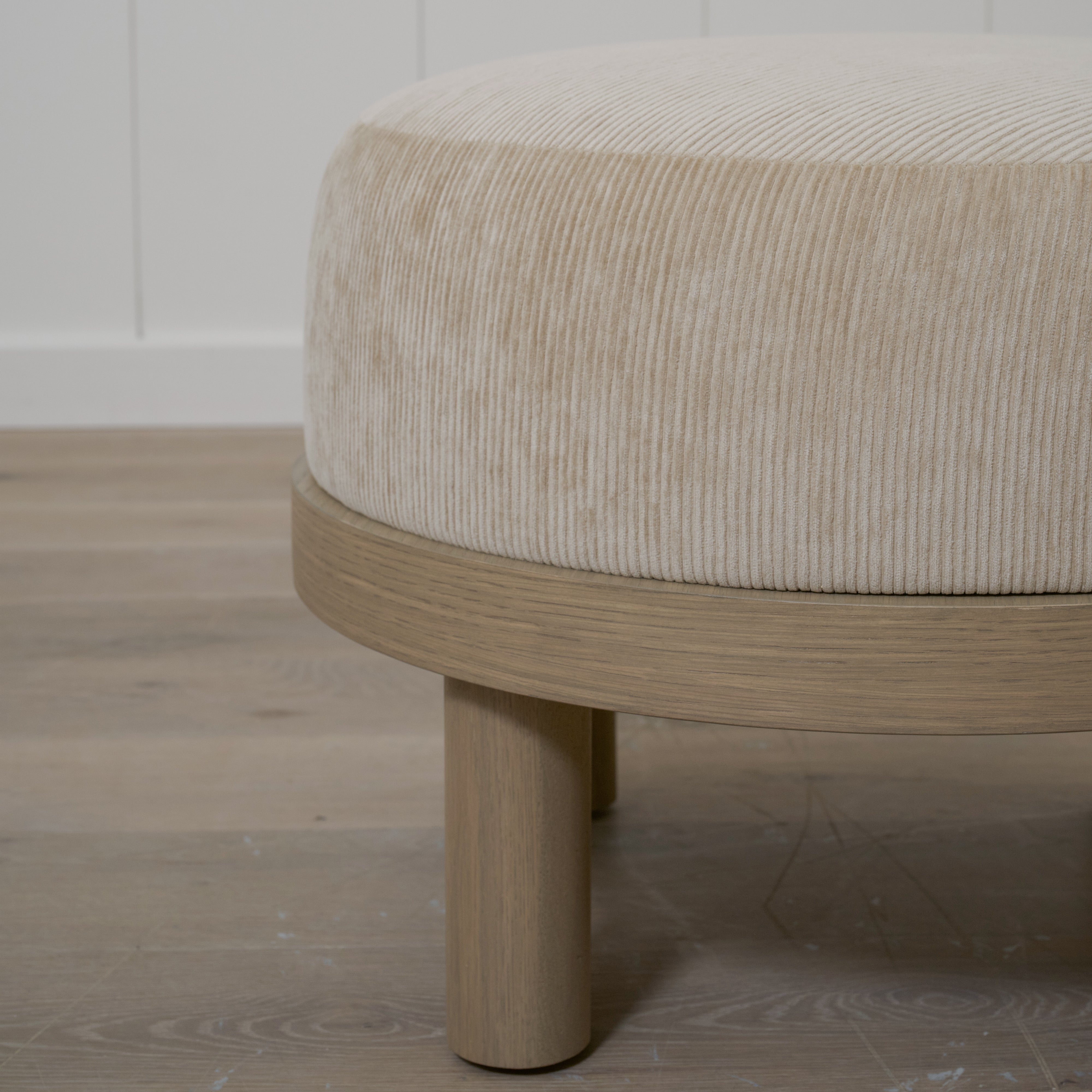 As Shown: 23"Dia x 17"H | Fabric: Mila Cashew | Material: Solid & Engineered Oak | Finish: Hazel