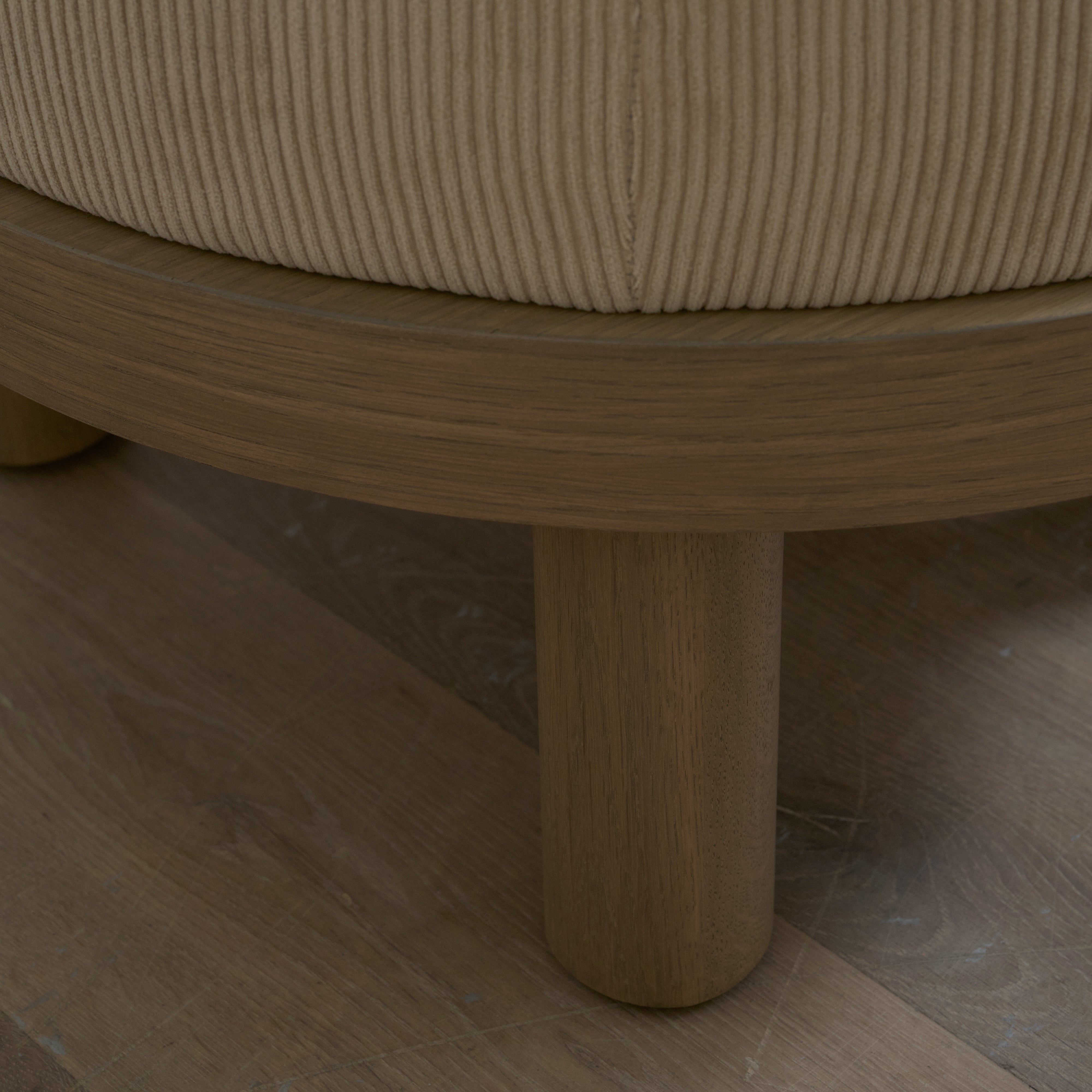 As Shown: 23"Dia x 17"H | Fabric: Mila Cashew | Material: Solid & Engineered Oak | Finish: Hazel