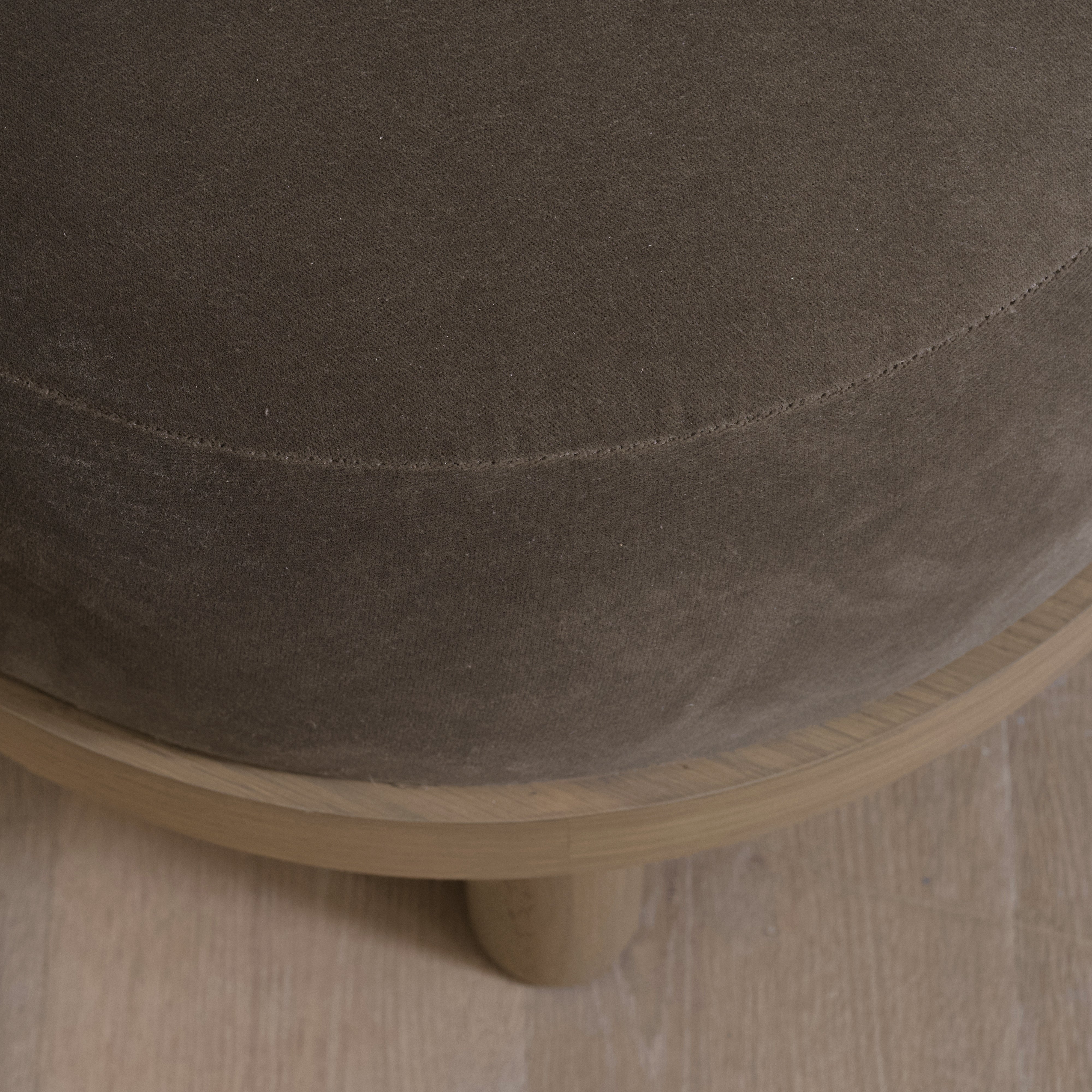 As Shown: 23"Dia x 17"H | Fabric: Sky Taupe | Material: Solid & Engineered Oak | Finish: Hazel